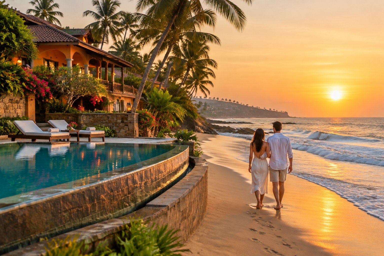 A couple walks along the beach beside a tropical resort in Goa.