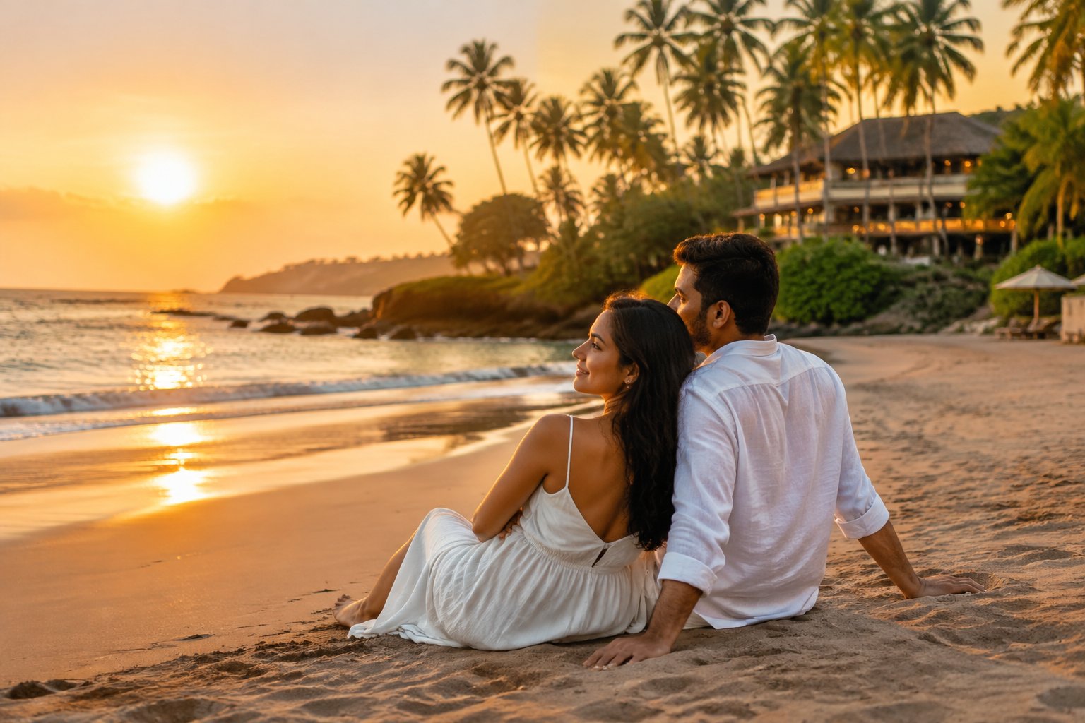 A newlywed couple shares a quiet moment on a beach in Goa.