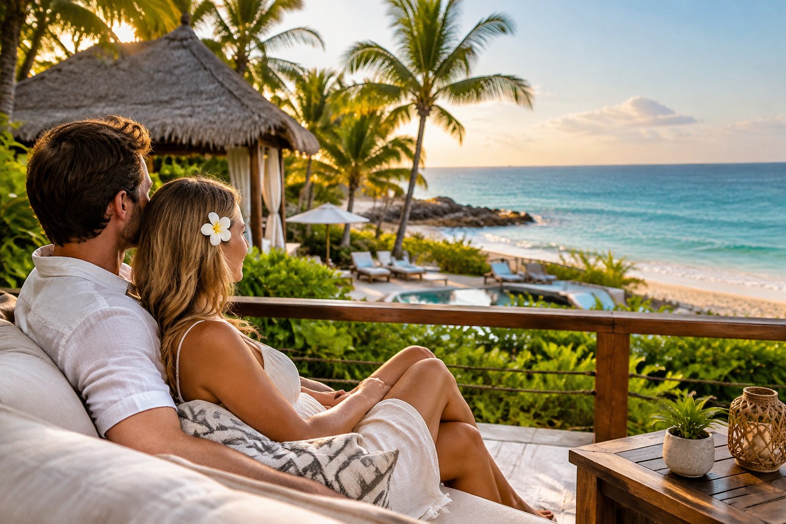 A newlywed couple relaxes together on a tropical resort terrace overlooking the ocean.
