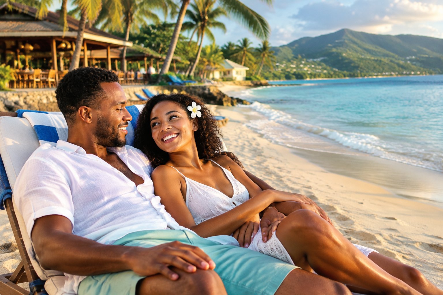 A newlywed couple relaxes together on a tropical Jamaican beach.
