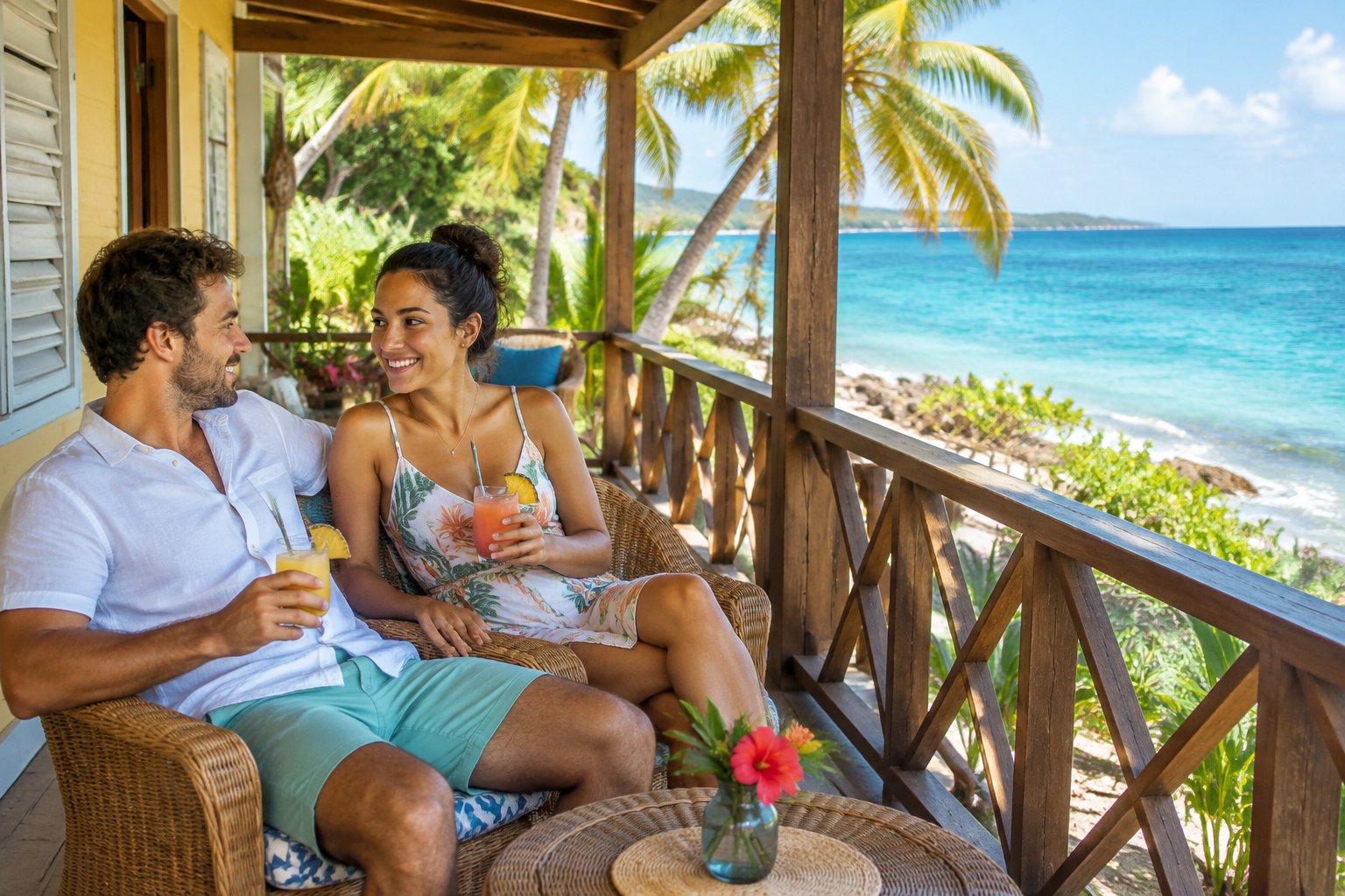 A couple shares drinks on a guesthouse veranda overlooking a Caribbean beach.