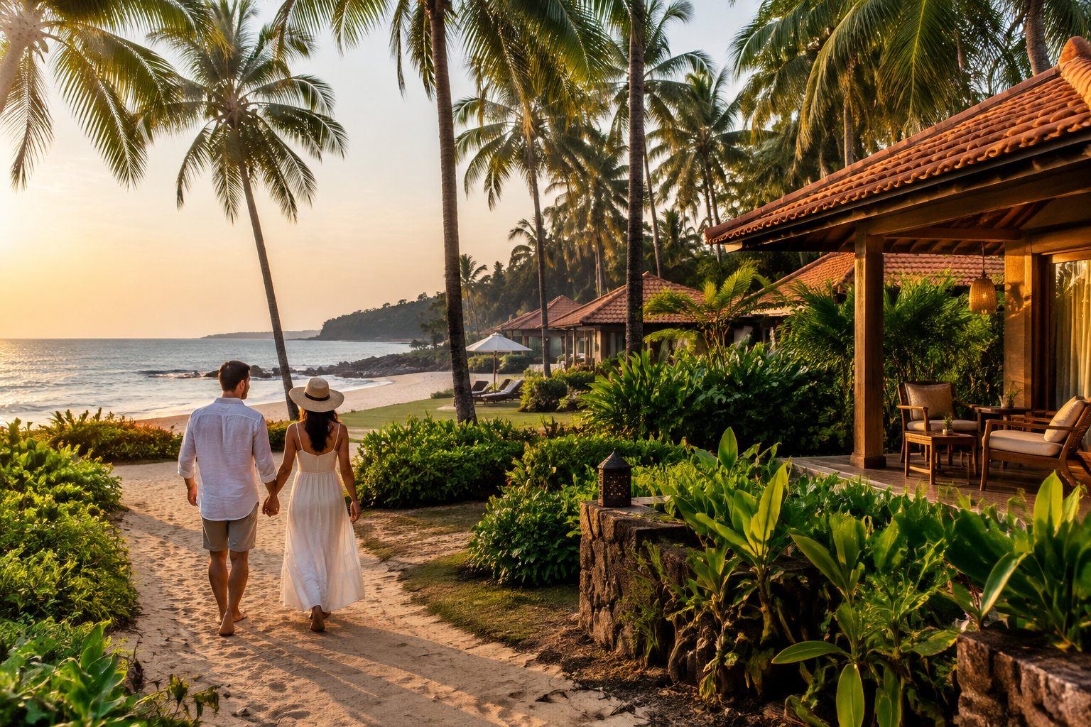 A couple walks toward the beach beside a tropical resort in South Goa.