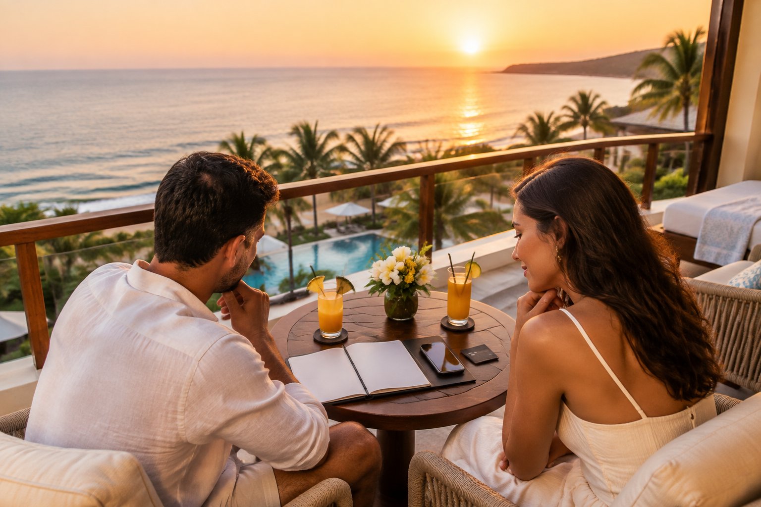 A couple reviews travel items on a resort balcony overlooking the sea.