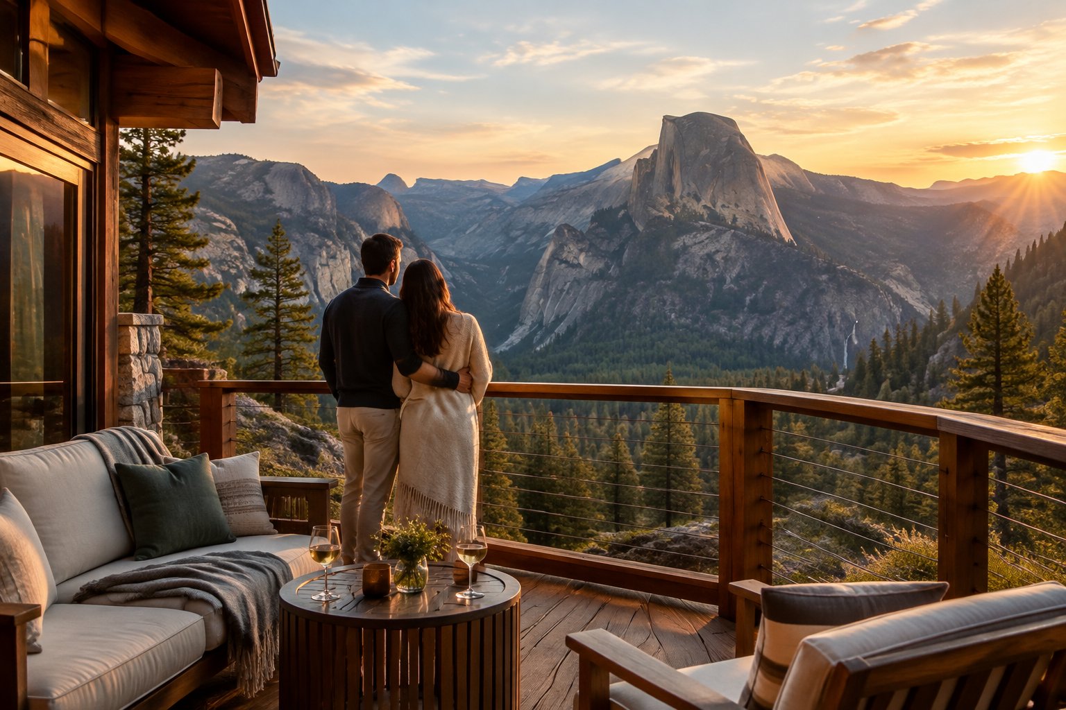 A couple stands on a lodge terrace overlooking Yosemite’s granite cliffs and forested mountains.