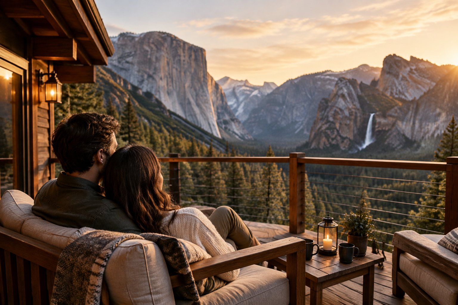 A newlywed couple relaxes on a lodge terrace overlooking Yosemite’s cliffs and forest.