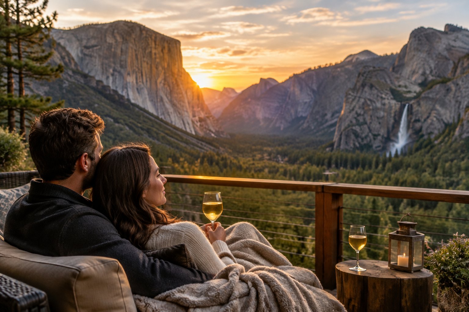 A couple sits together on a lodge terrace overlooking a mountain landscape at sunset.