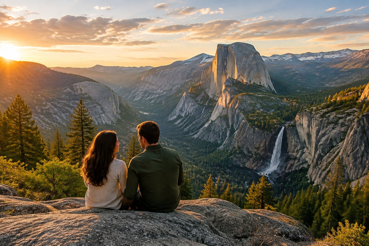 A couple shares a scenic overlook of Yosemite Valley, cliffs, and a waterfall.
