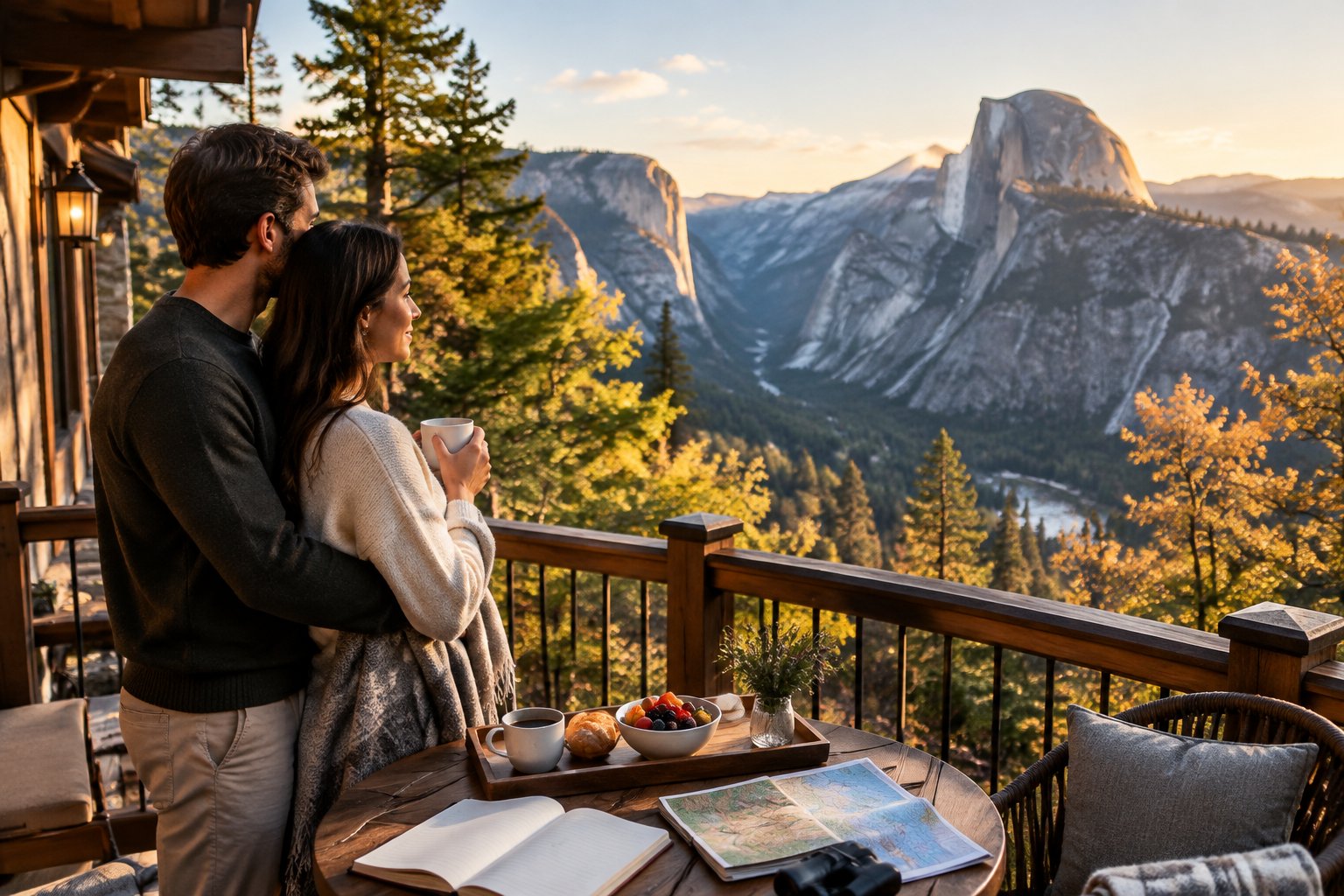 A newlywed couple looks out at Yosemite from a mountain lodge balcony.