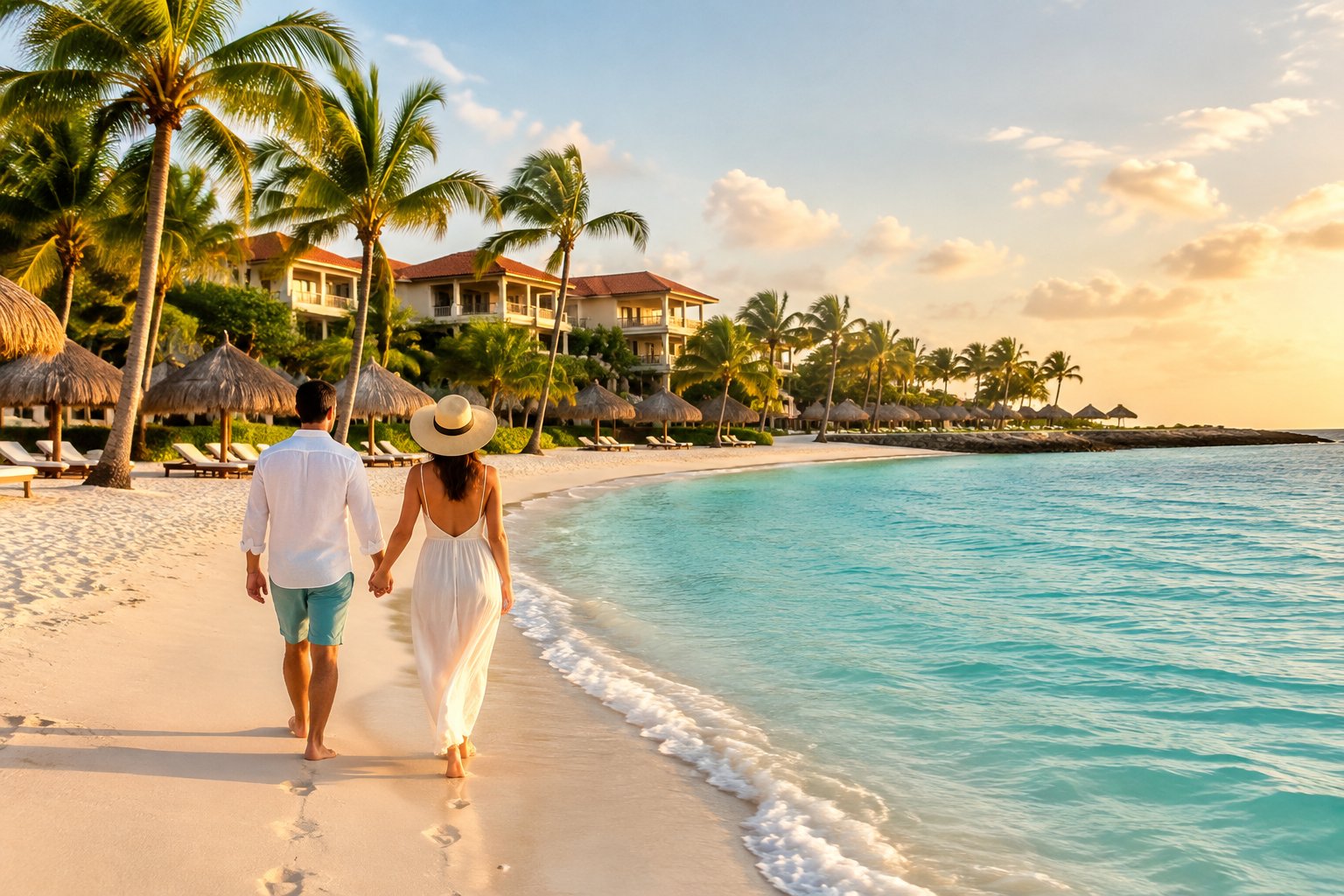 A couple walks hand in hand along a sandy beach beside a tropical resort.
