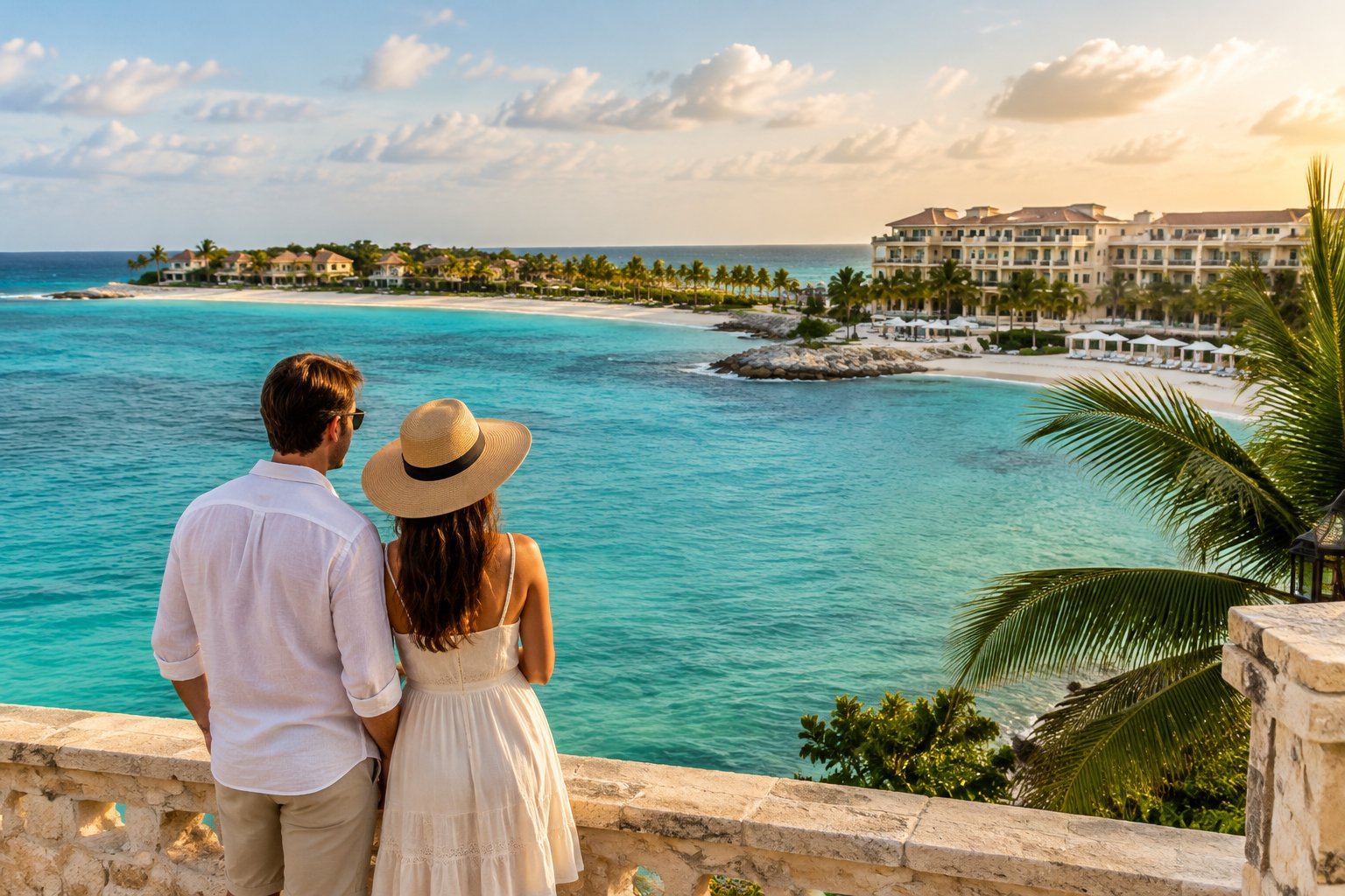 A couple looks out over Aruba’s turquoise sea from a palm-lined beachfront terrace.