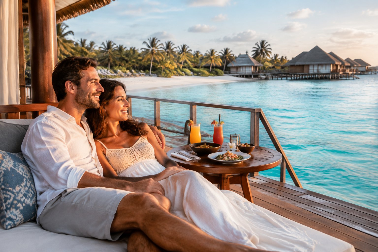 A newlywed couple relaxes together on a resort deck overlooking a tropical lagoon.