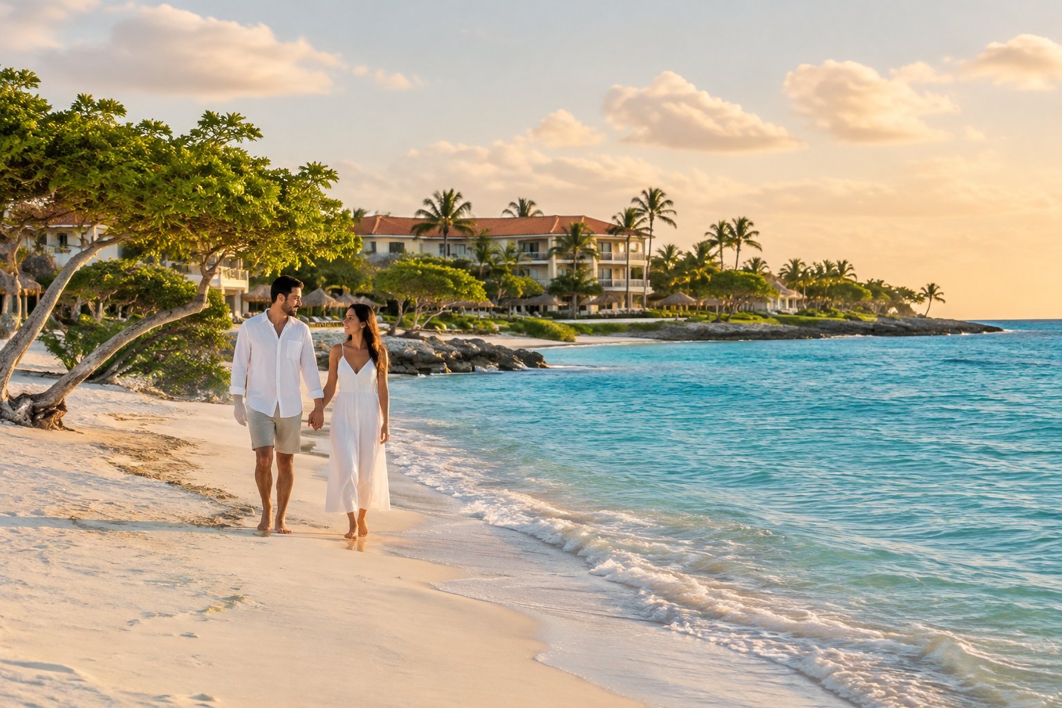 A couple walks hand in hand along a beach beside a resort in Aruba.