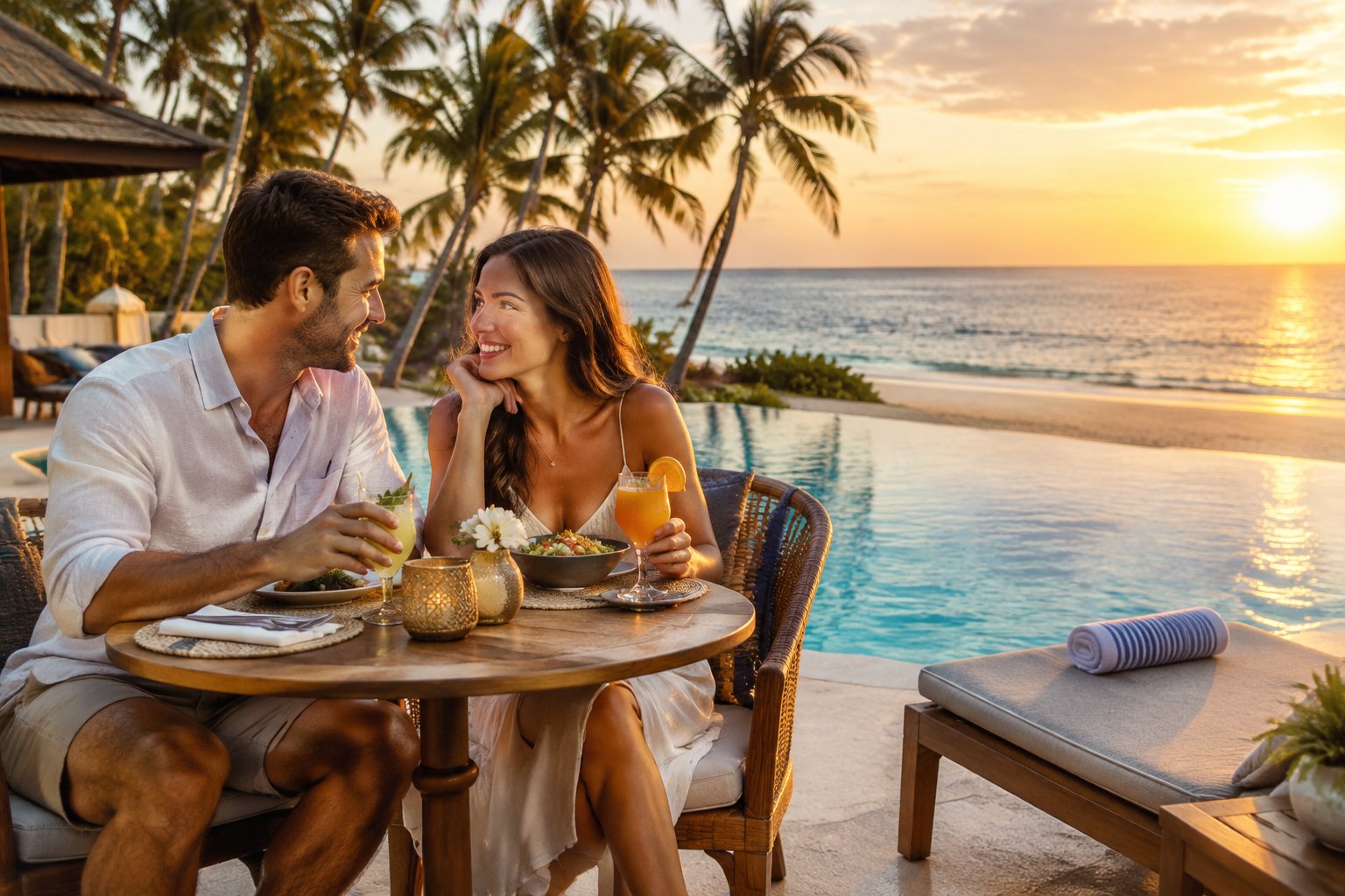 A newlywed couple shares a meal at a tropical resort beside an infinity pool.