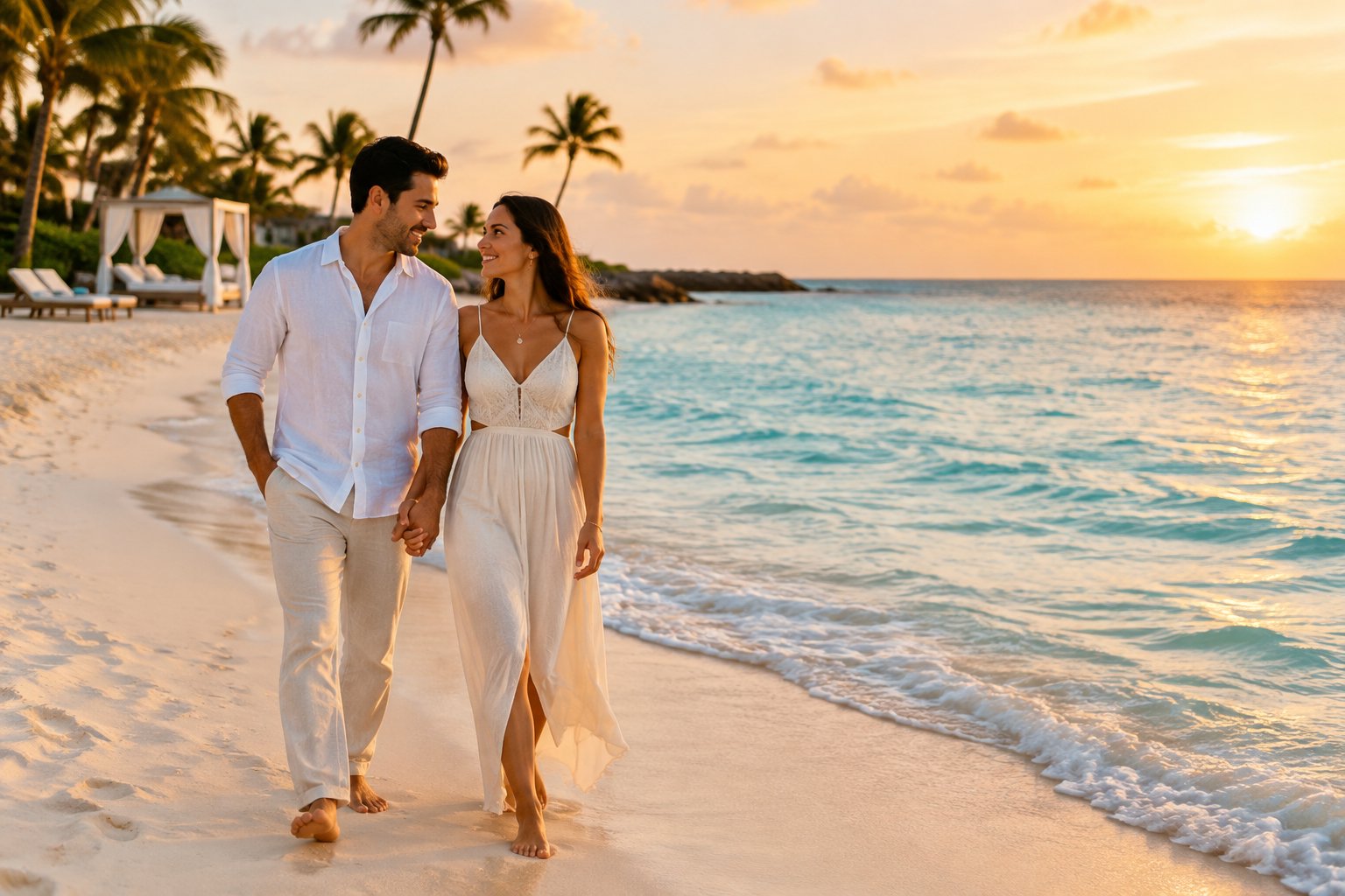 A couple walks hand in hand along a quiet Aruba beach at sunset.
