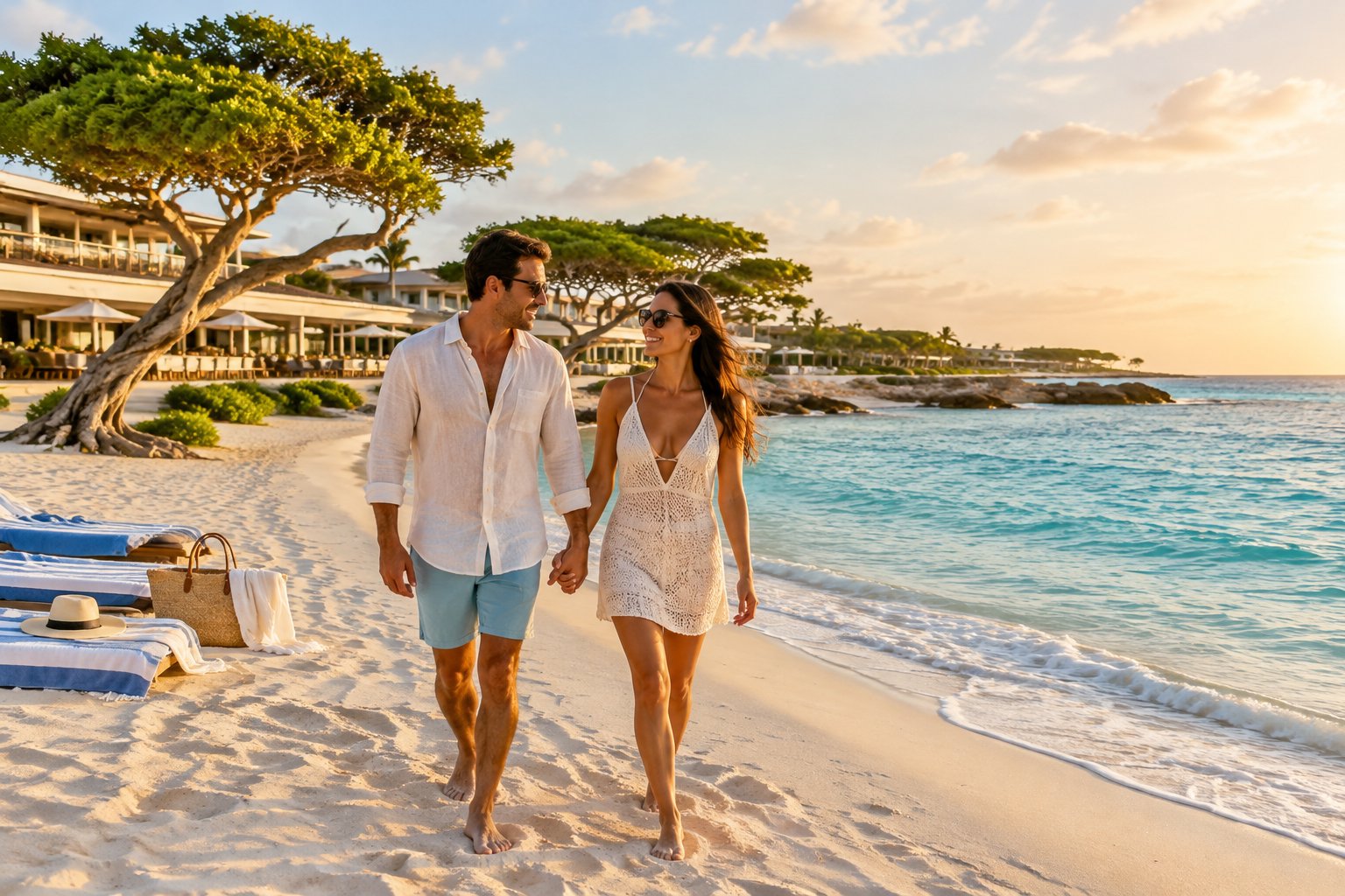 A couple strolls along a white-sand beach beside an Aruba resort.