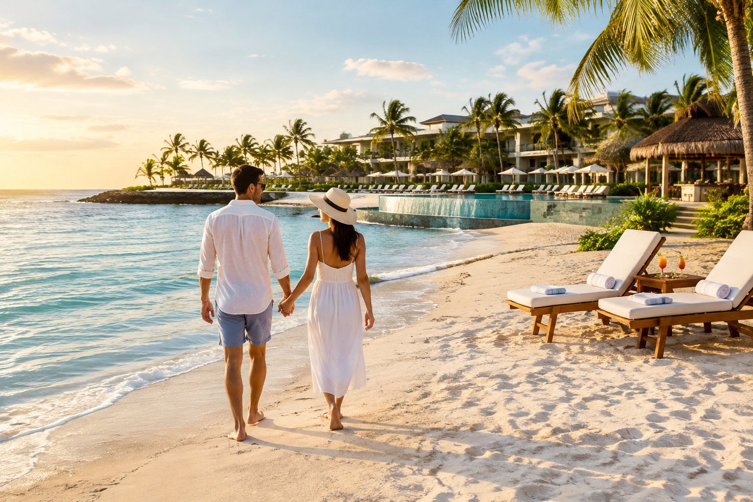 A newlywed couple walks hand in hand along a tropical beach beside a resort.