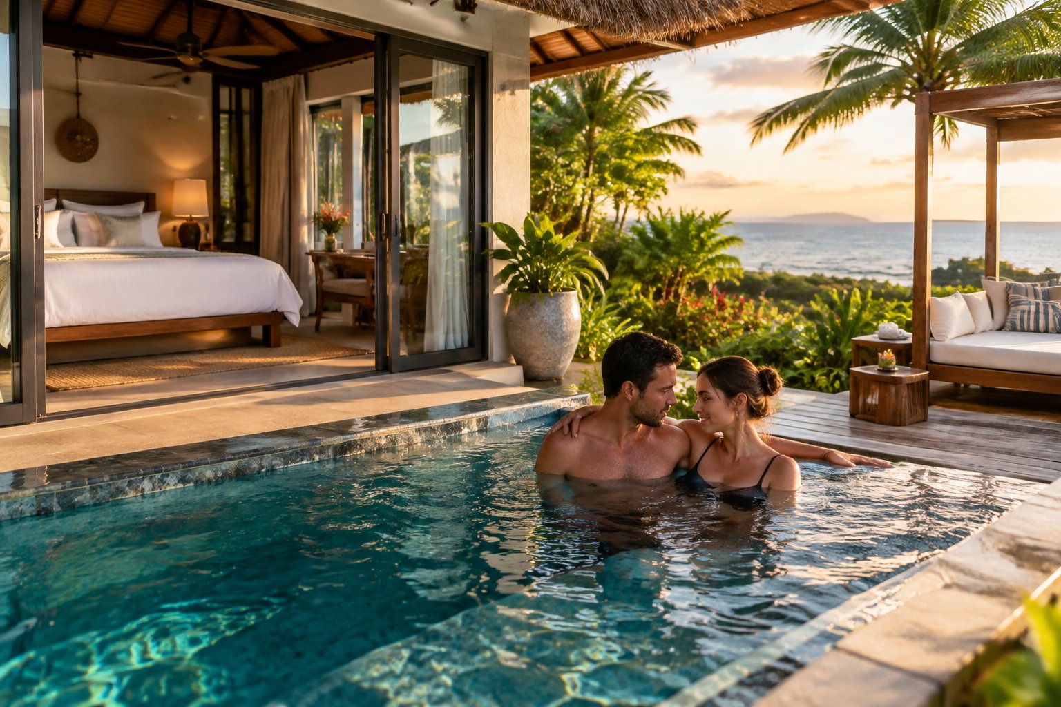 A couple relaxes beside a private plunge pool at a tropical resort suite.