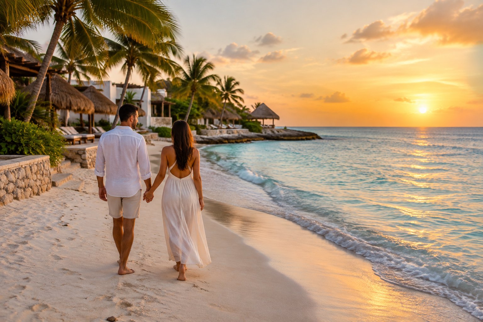 A couple walks hand in hand along a palm-lined beach at a Yucatán resort.