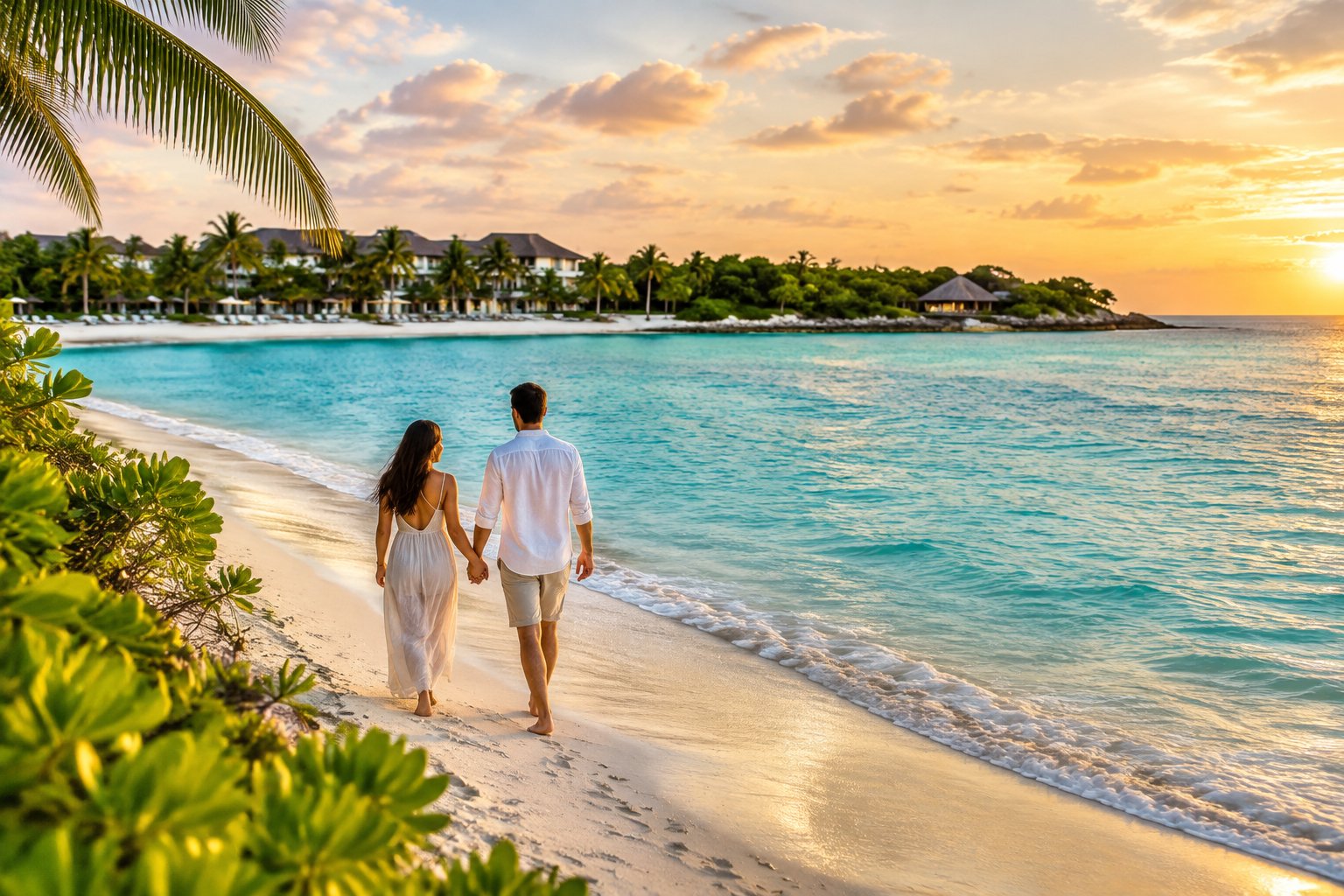 A couple walks hand in hand along a tropical beach near two resorts.