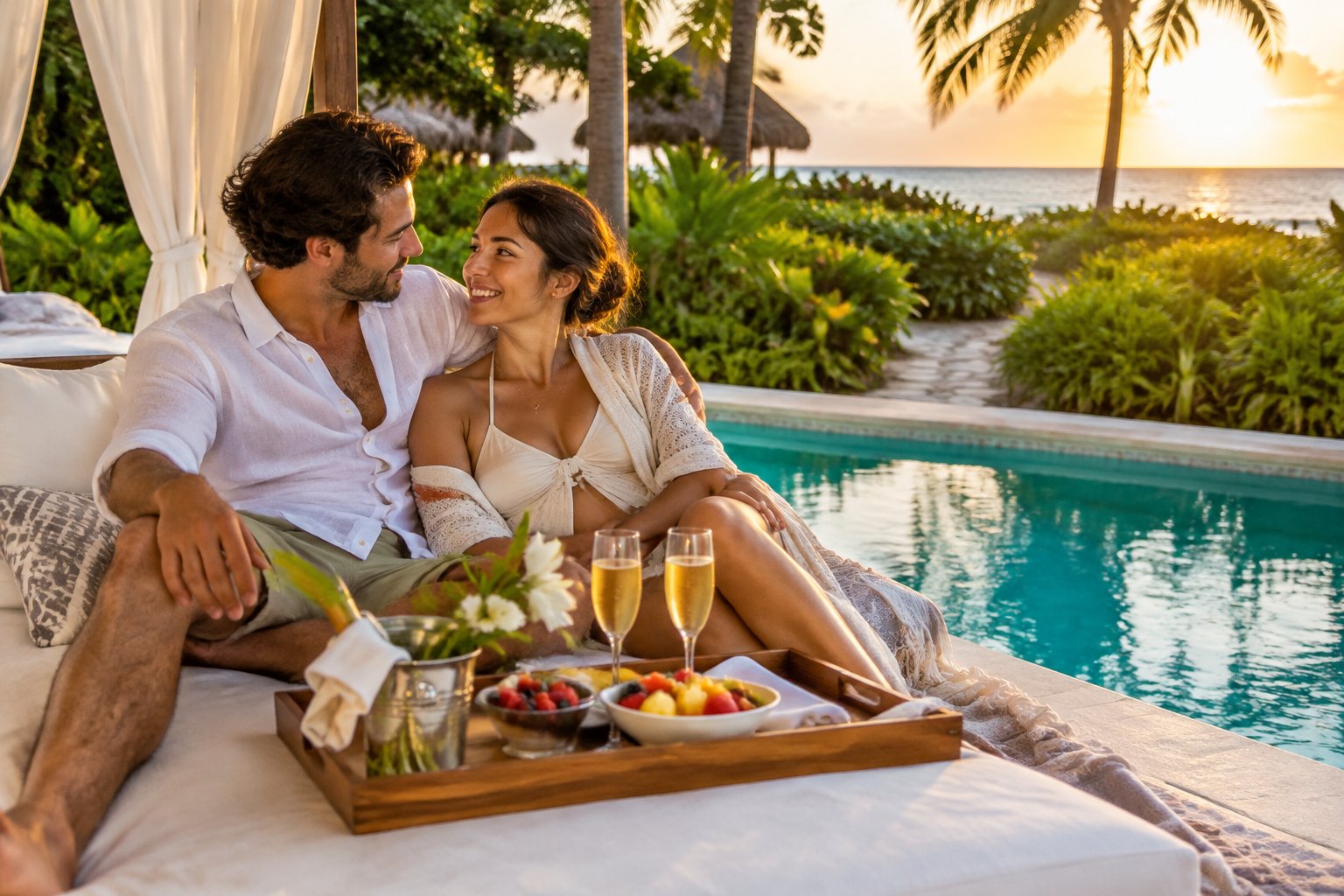 A newlywed couple relaxes beside a turquoise pool at a tropical resort.