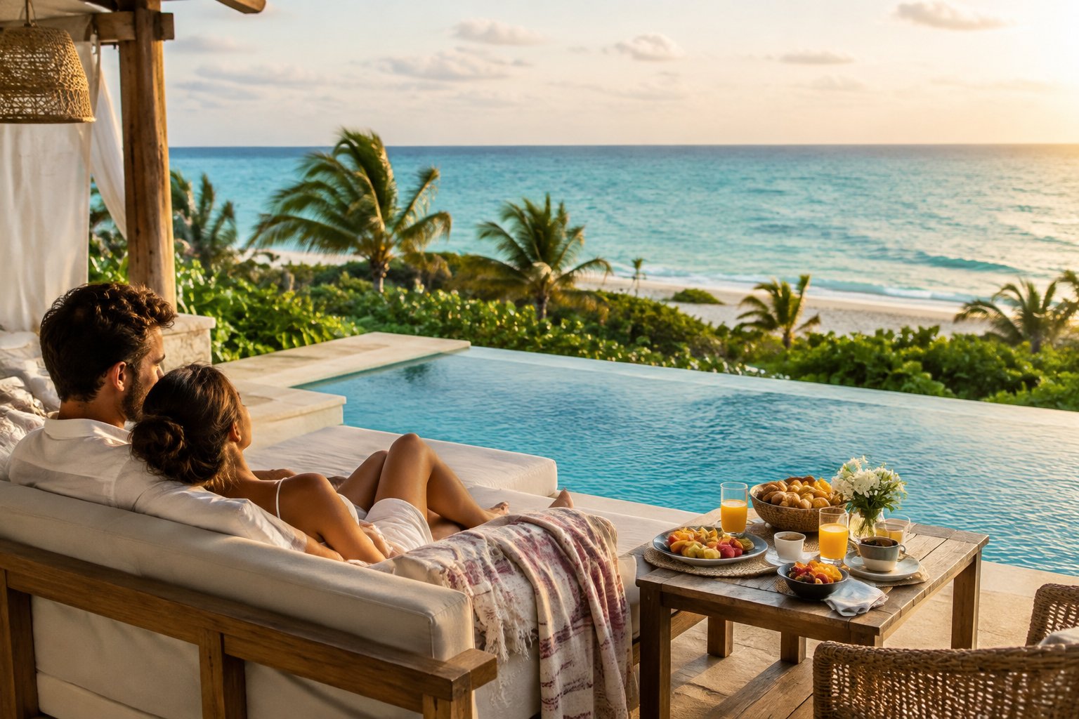 A couple relaxes beside a resort pool overlooking the turquoise sea.