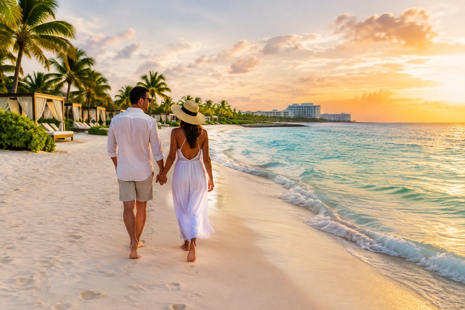 A couple walks hand in hand along a white-sand beach beside a Cancún resort.