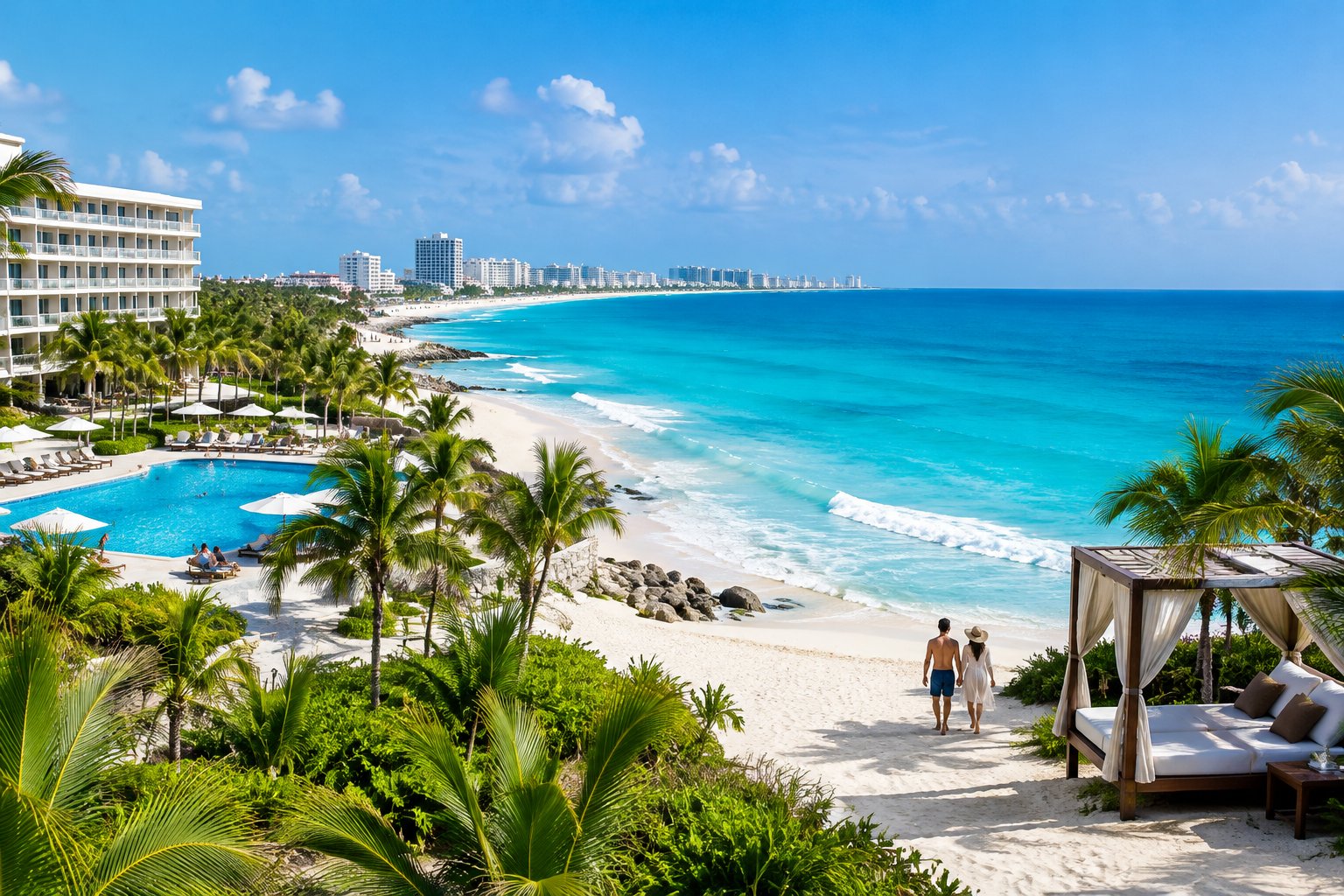 A couple strolls along Cancun’s beach, with resorts and turquoise water along the coast.