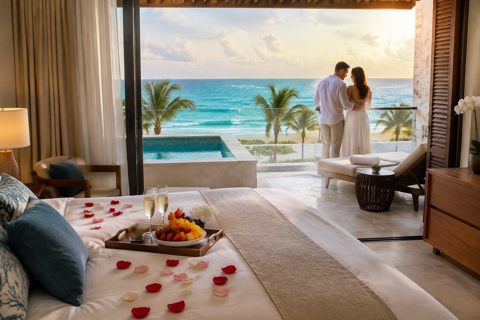 A couple relaxes on a resort terrace overlooking the turquoise Caribbean Sea.