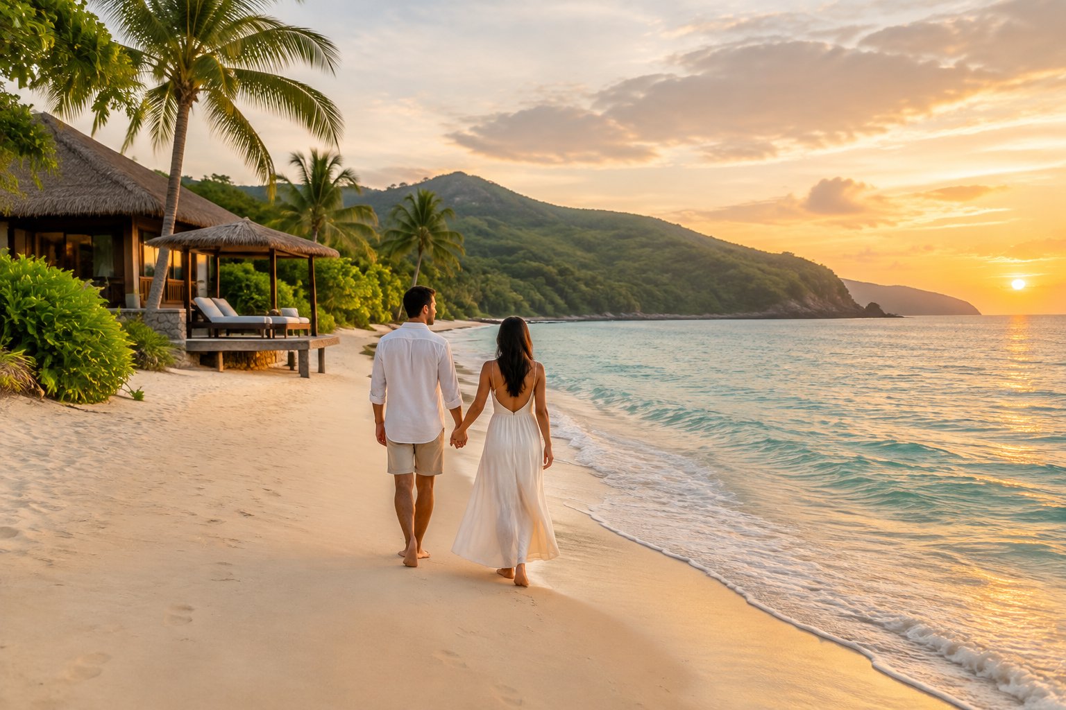 A couple walks hand in hand along a tropical beach beside a resort.