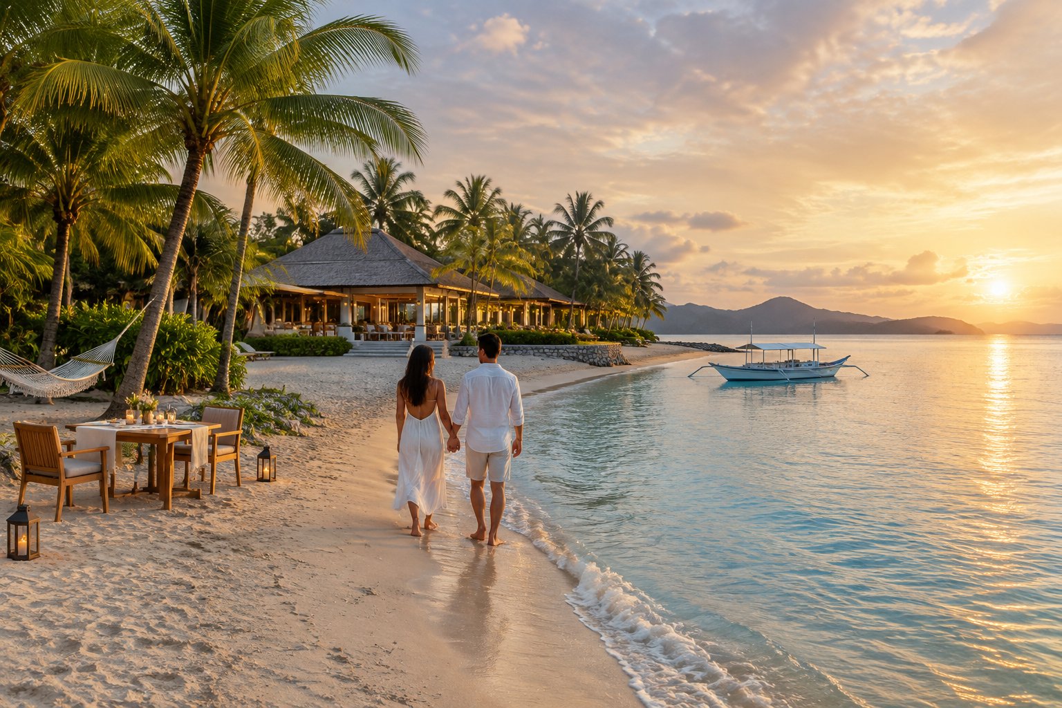 A couple walks along a tropical beach toward a palm-lined resort.