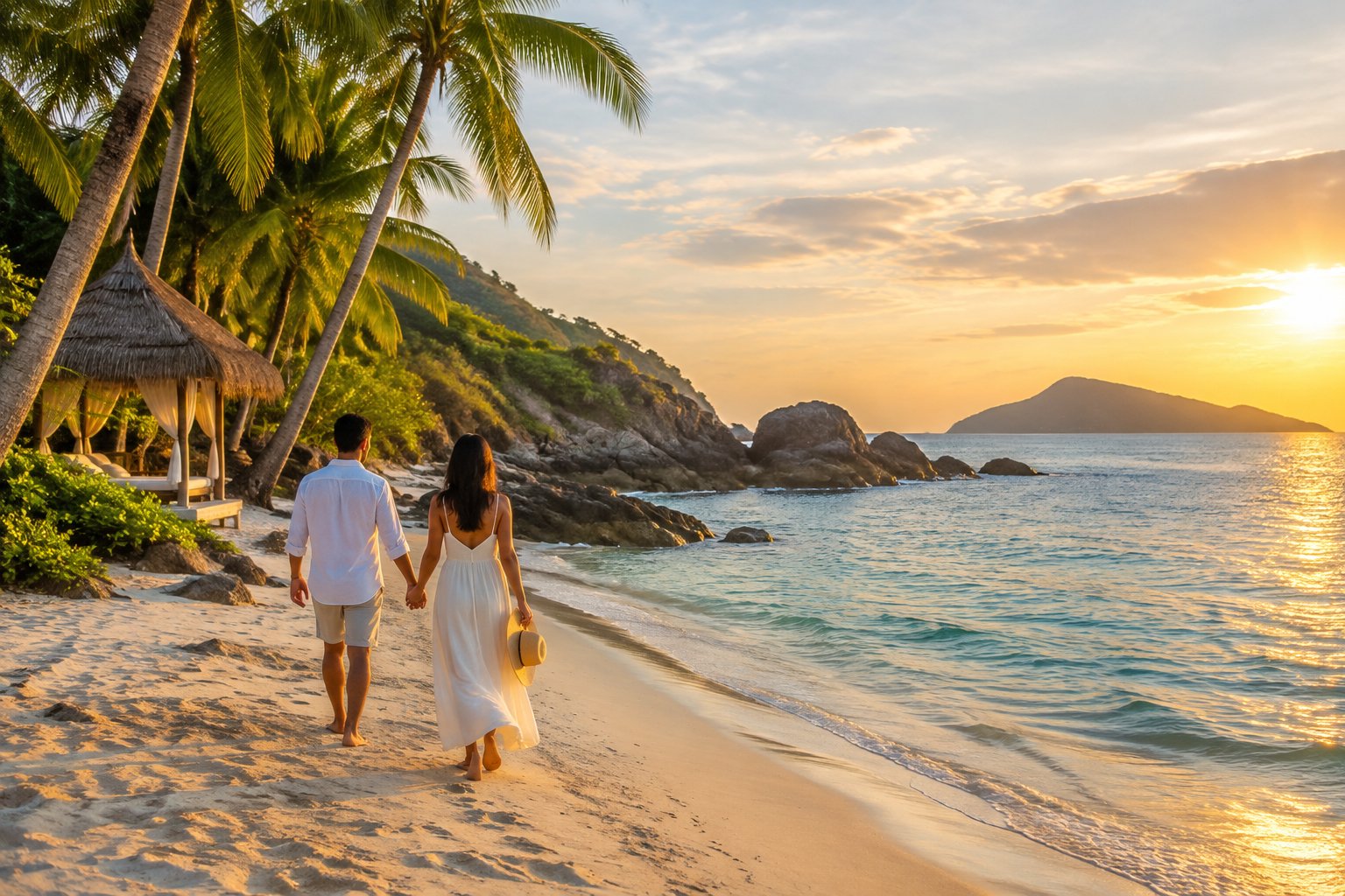 A couple walks hand in hand along a tropical beach in Zambales.