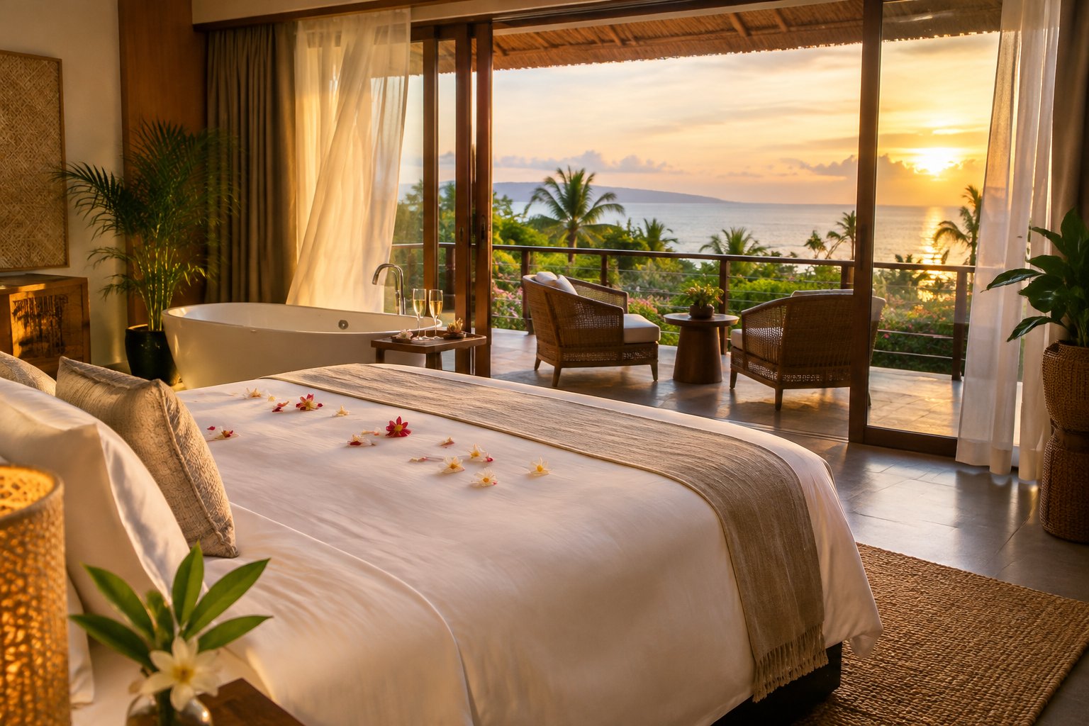 An elegant honeymoon suite opens onto a private balcony overlooking the sea.