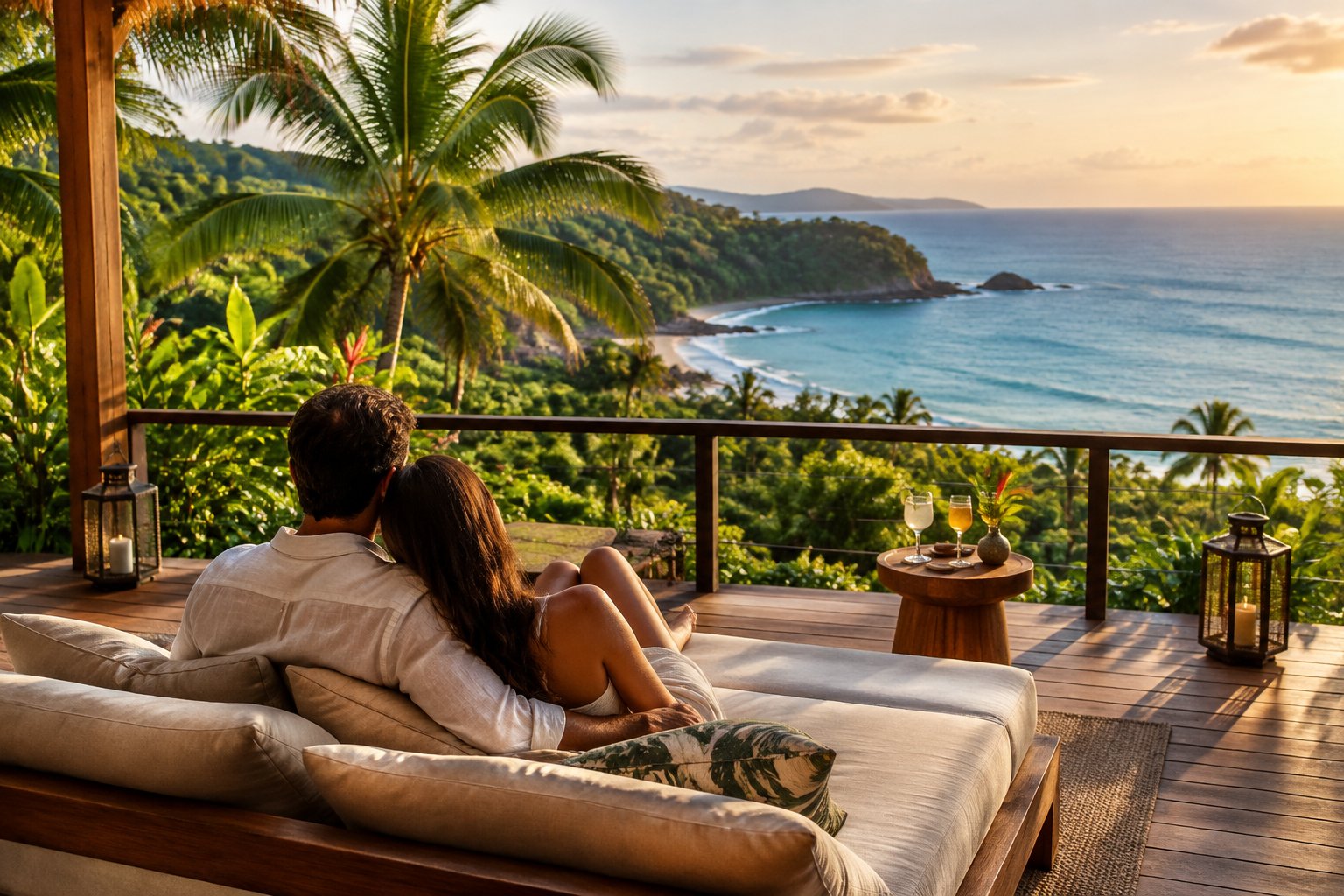 A couple relaxes on a resort terrace overlooking Costa Rica’s tropical coast.