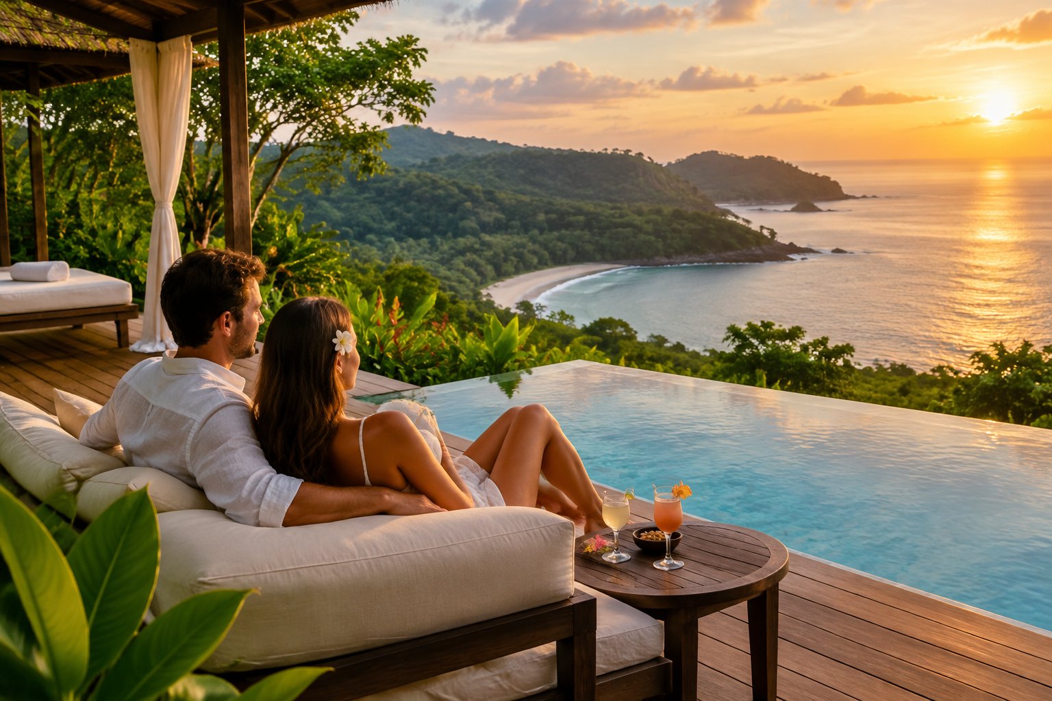 A couple relaxes beside an infinity pool overlooking Costa Rica’s tropical coastline.