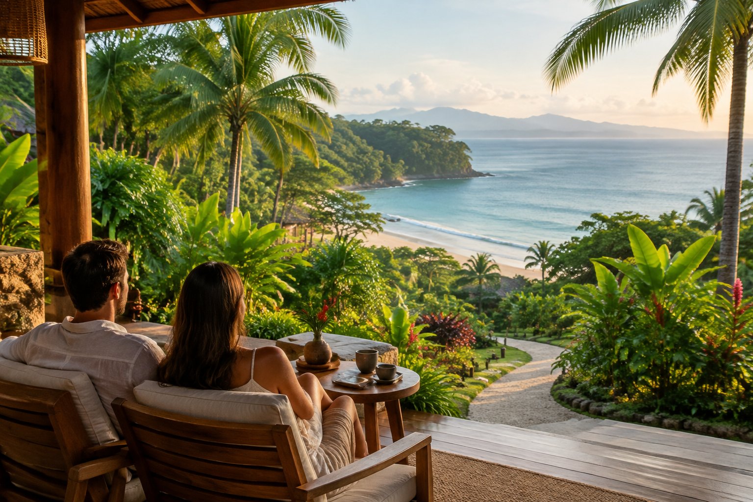A couple at a tropical resort overlooks a rainforest path leading to a quiet beach.