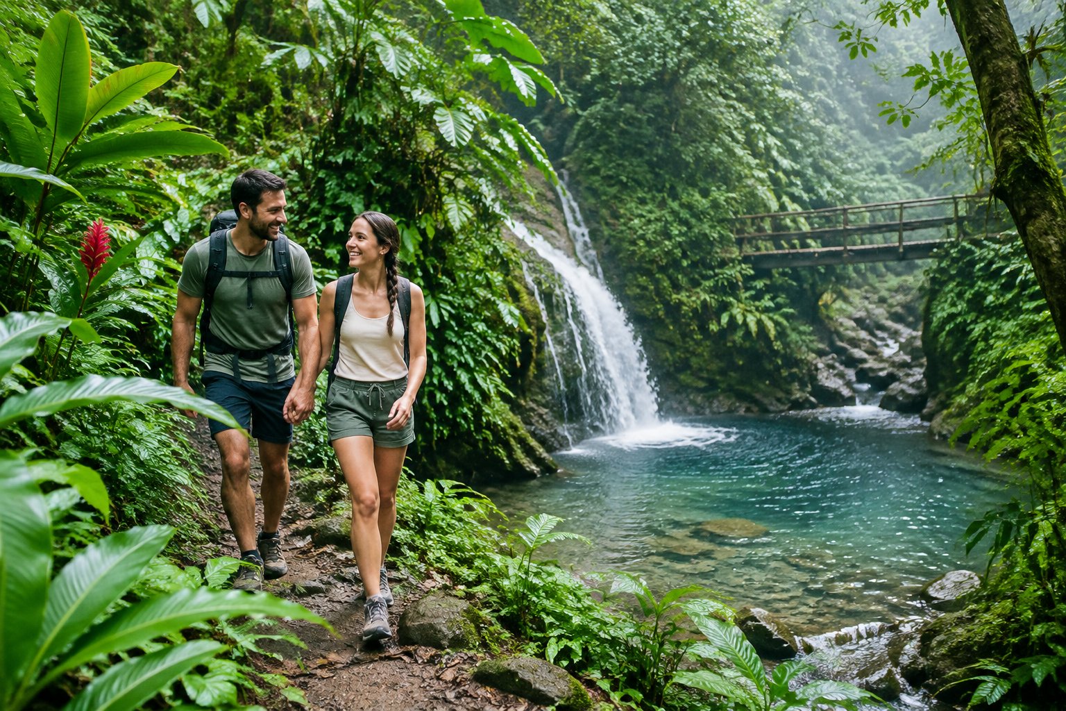 A couple explores a rainforest trail near a waterfall in Costa Rica.