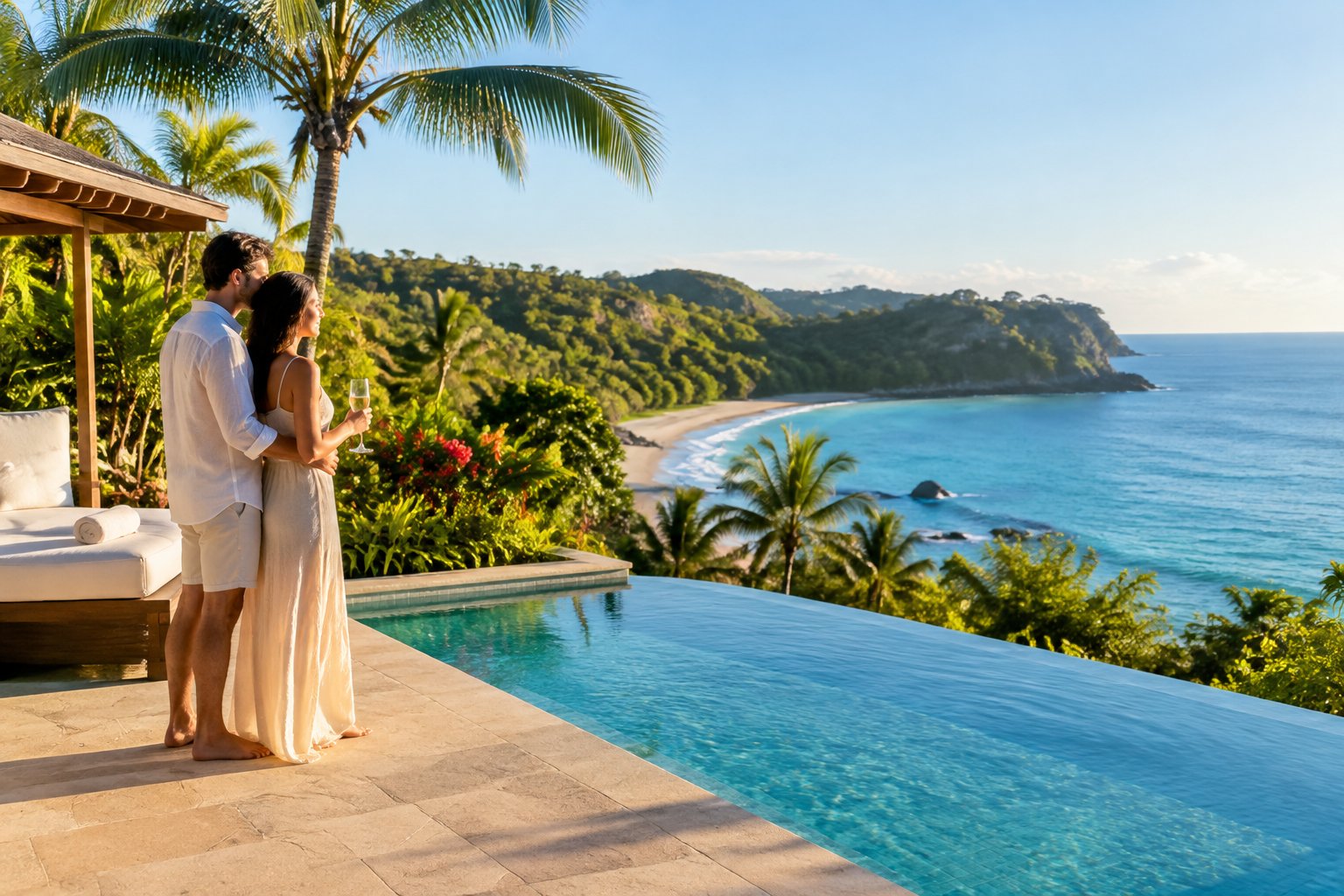 A couple shares a quiet moment beside an infinity pool overlooking Costa Rica’s tropical coast.