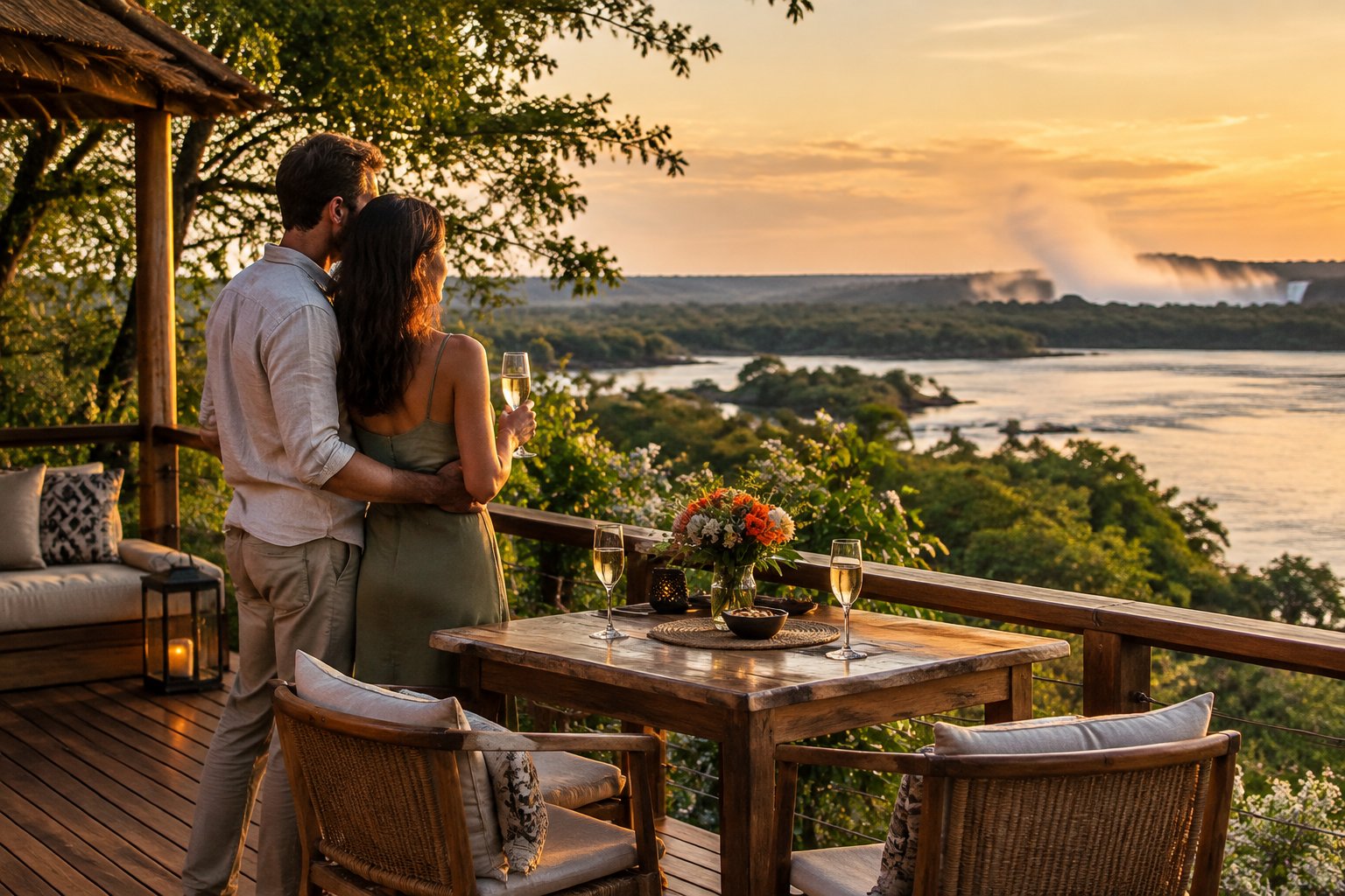 A couple shares a quiet moment on a resort deck overlooking the Zambezi River.