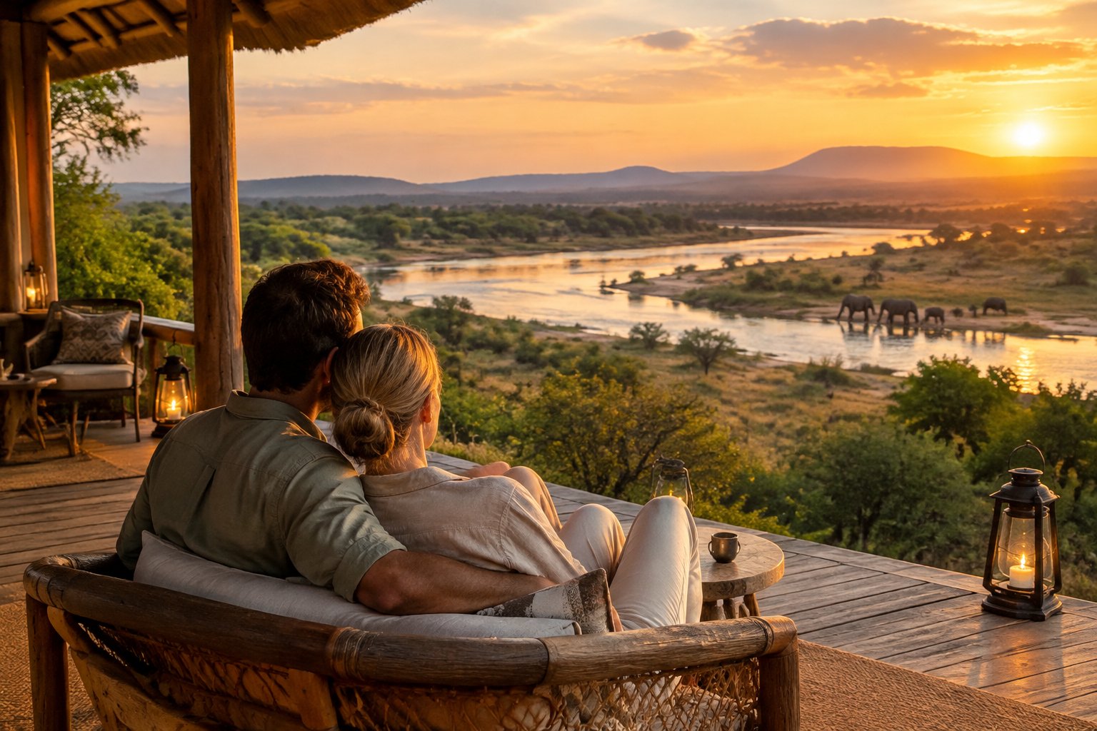 A couple watches elephants near a river from a safari lodge veranda.