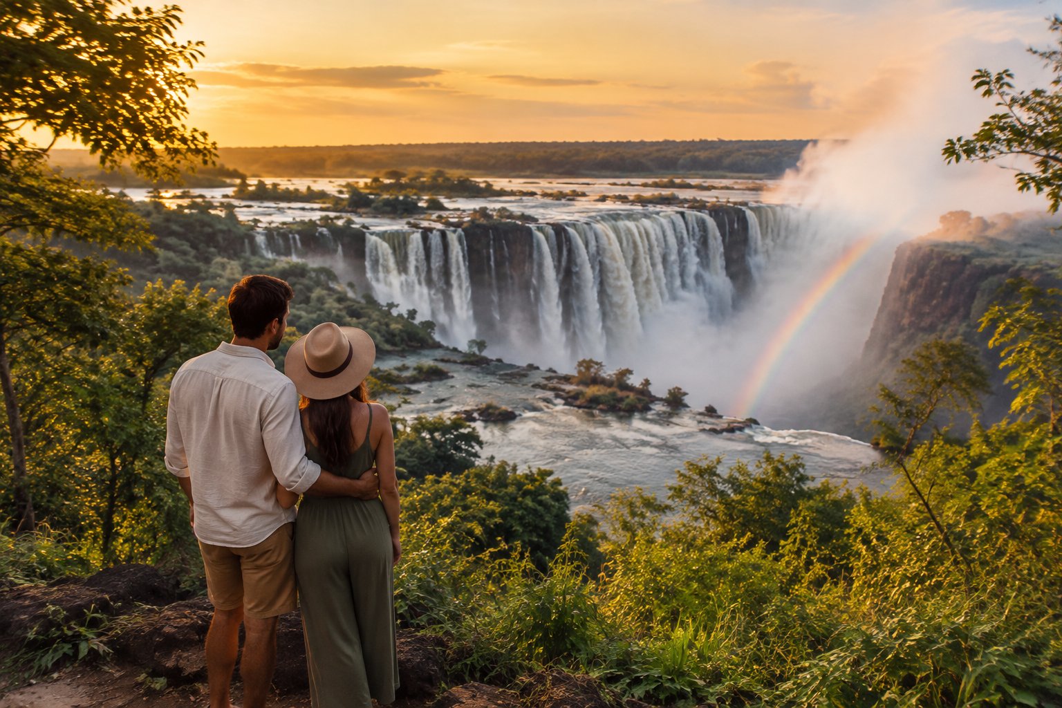 A newlywed couple looks toward Victoria Falls from a lush viewpoint.