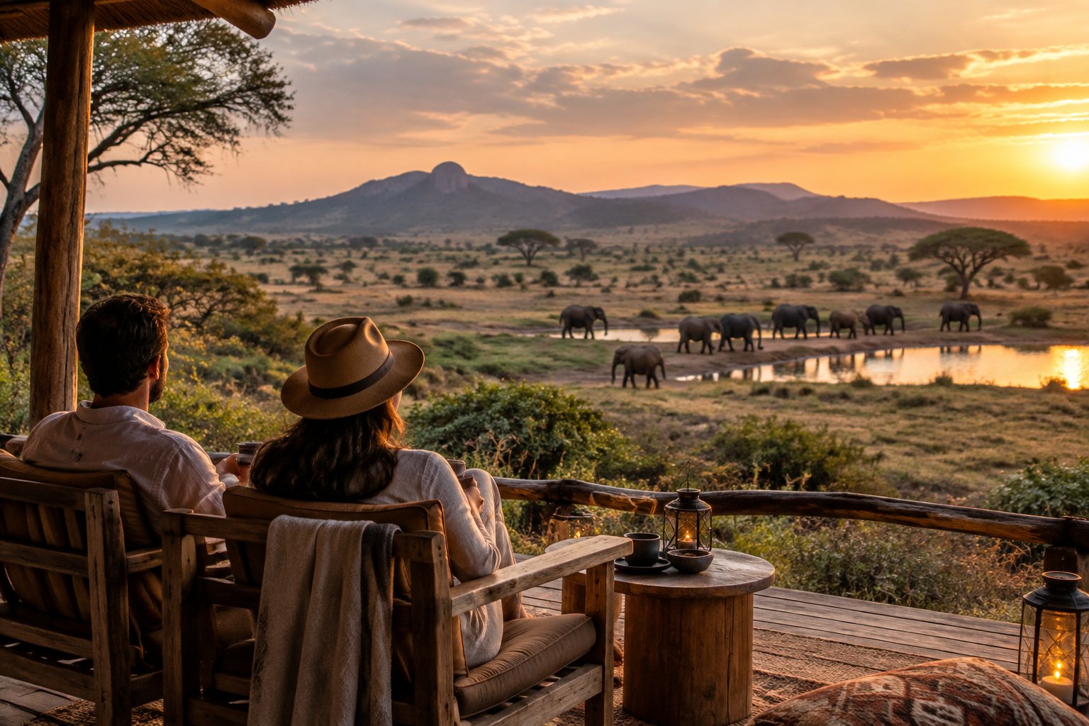 A couple watches elephants near a waterhole from a safari lodge veranda.