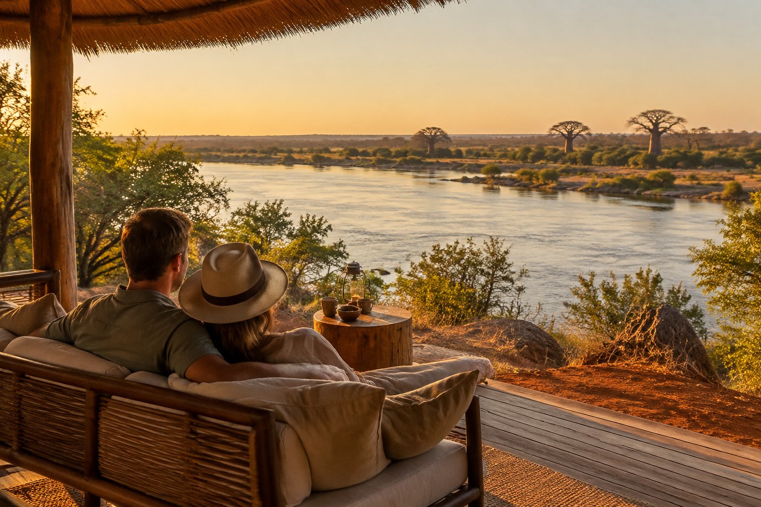 A couple sits together on a secluded lodge veranda overlooking a quiet Zimbabwean river and wilderness.