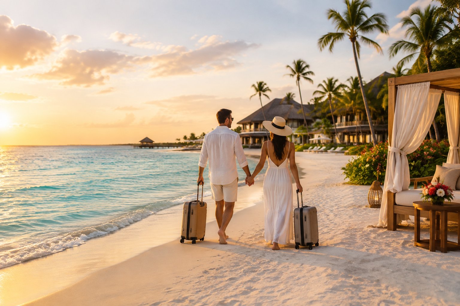 A newlywed couple walks hand in hand toward a tropical beachfront resort.