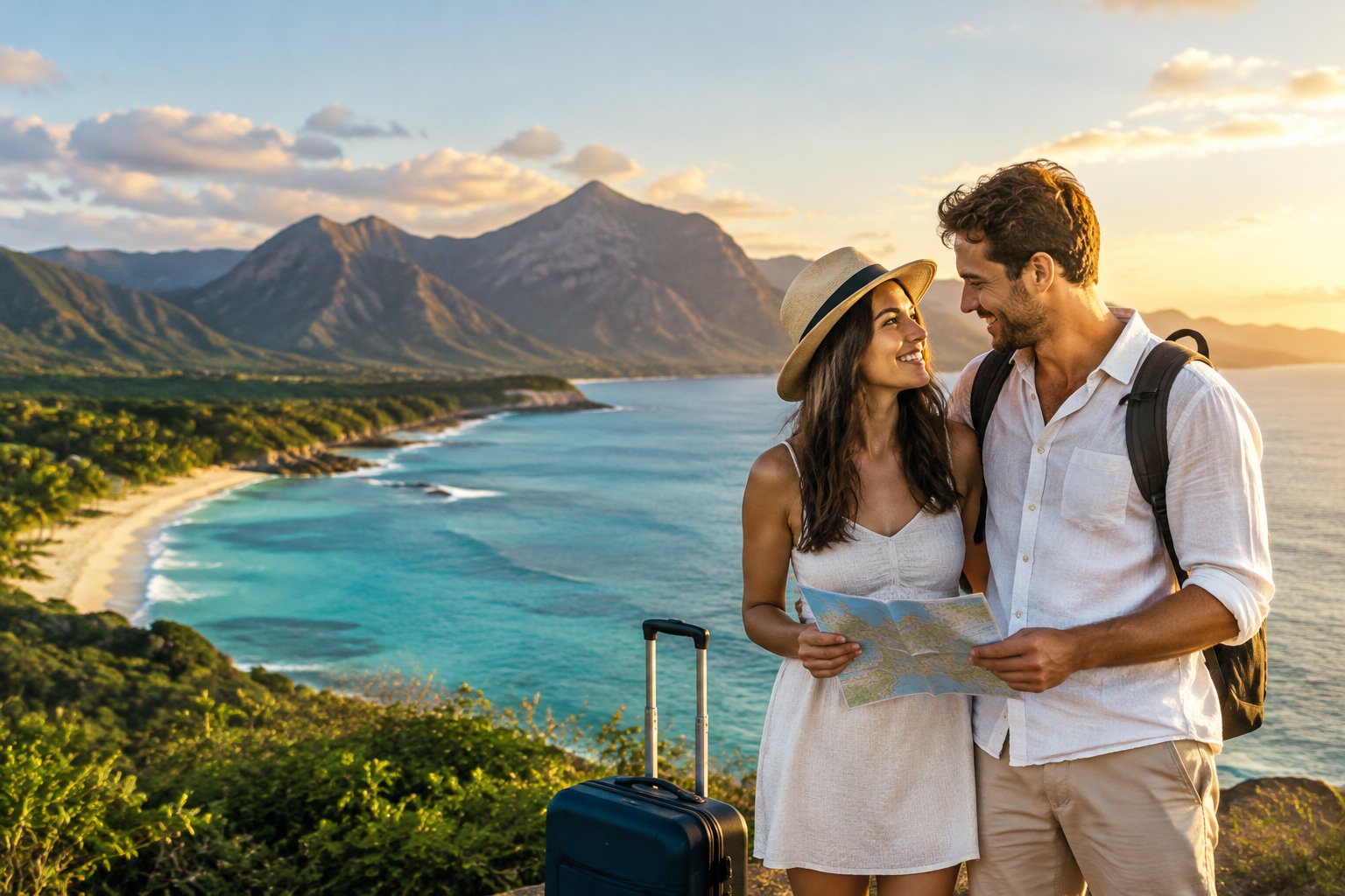 A couple stands together at a scenic coastal viewpoint.