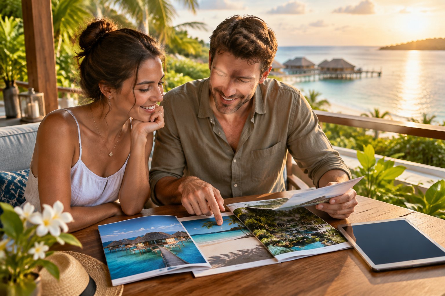 A couple reviews resort brochures together on a tropical terrace.