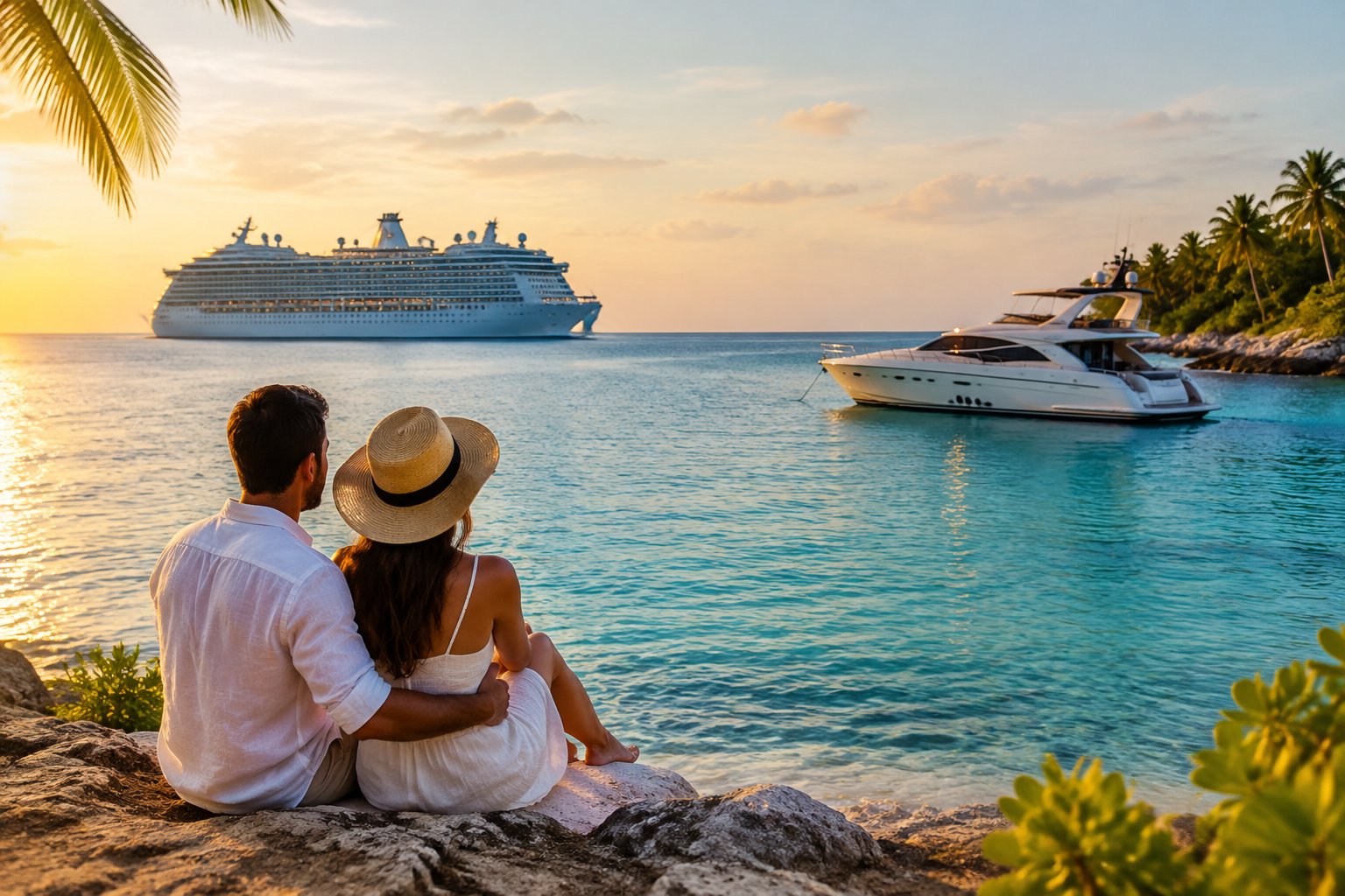 A newlywed couple looks out toward a cruise ship and a private yacht on a tropical sea.