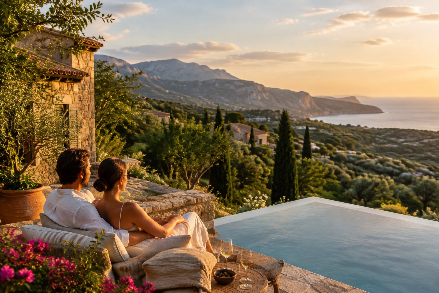 A couple relaxes on a resort terrace overlooking Mallorca’s countryside and mountains.