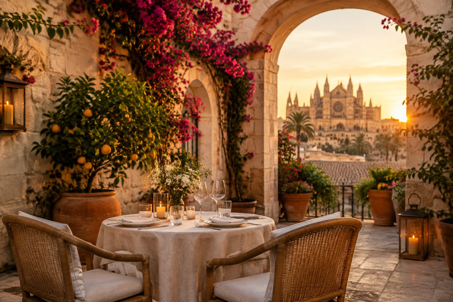 A candlelit table for two in a leafy hotel courtyard in Palma.