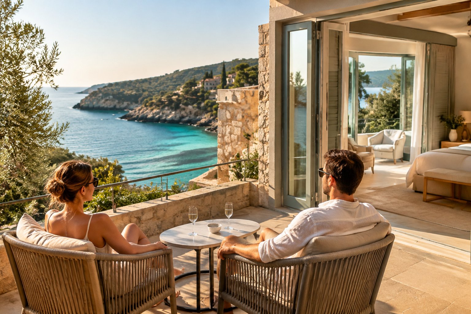 A couple relaxes on a resort suite terrace overlooking a Mallorcan cove.