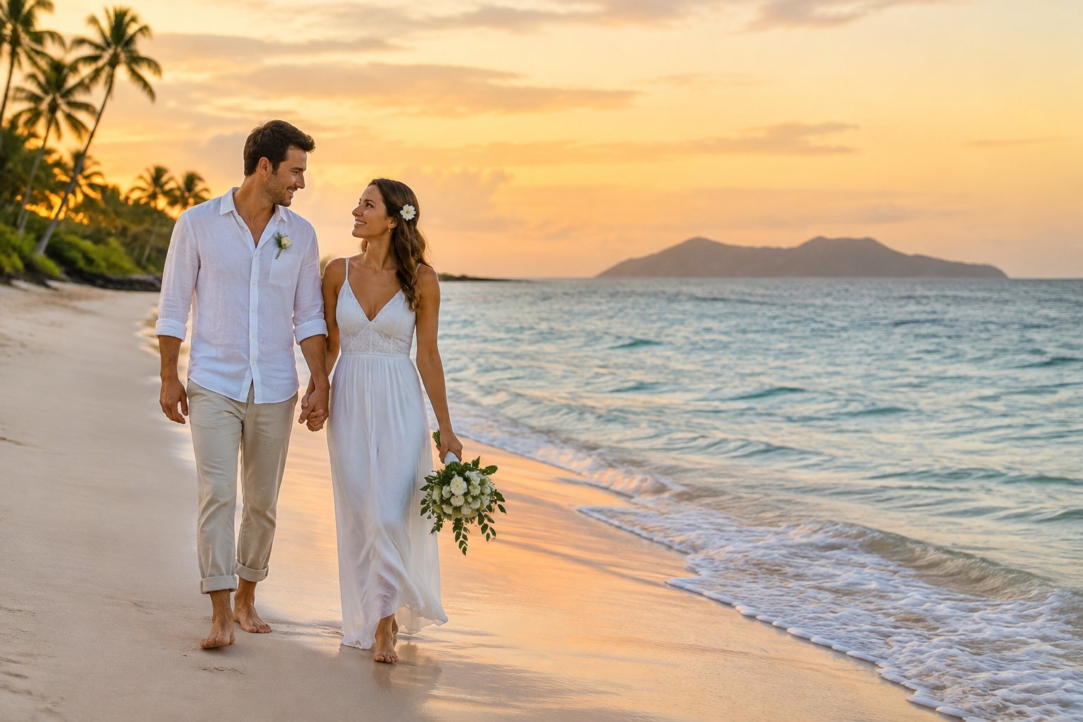 A newlywed couple walks hand in hand along a tropical beach.
